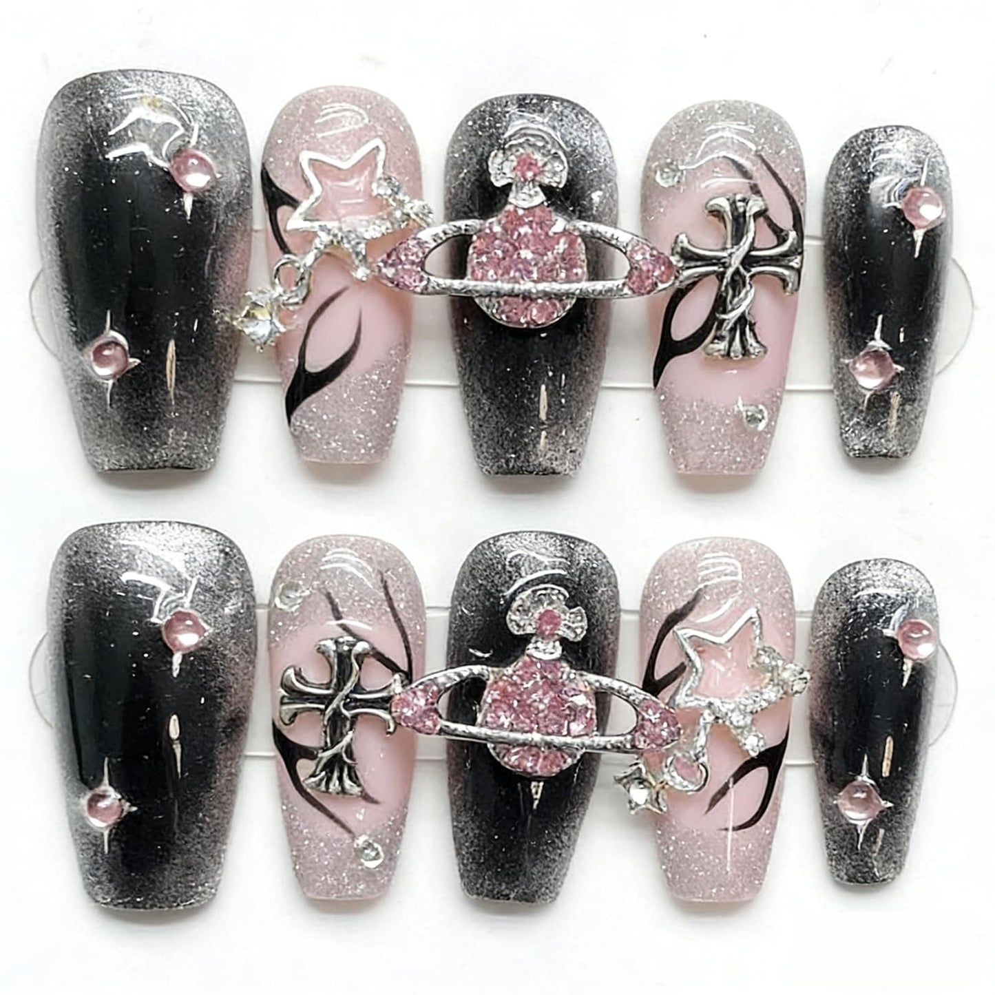 Handmade Press on Nails Square Spice Girl Series AFusion of Sparkling Pink Diamond Surround Planet and Flame Cat Eye Design Acrylic Nails Press on Handmade Nails Punk Press on Nails(S)