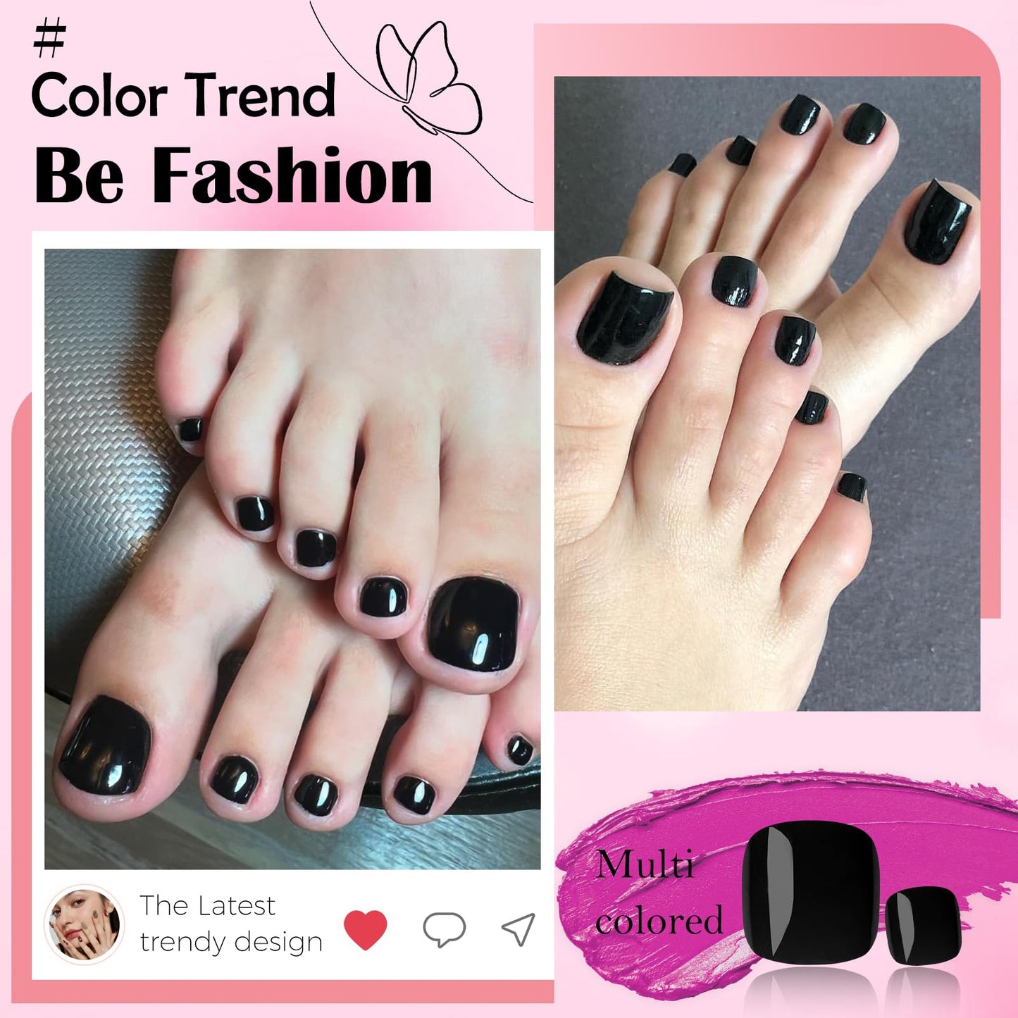 LoveOurHome 120pc Black Press on Toenails Women Fake Toe Nails with Glue Tabs, Black Fake Toenails Press on Toe Nails Glue on Toenail Acrylic Toes Nail Tips Artificial False Toenail for Women Girls