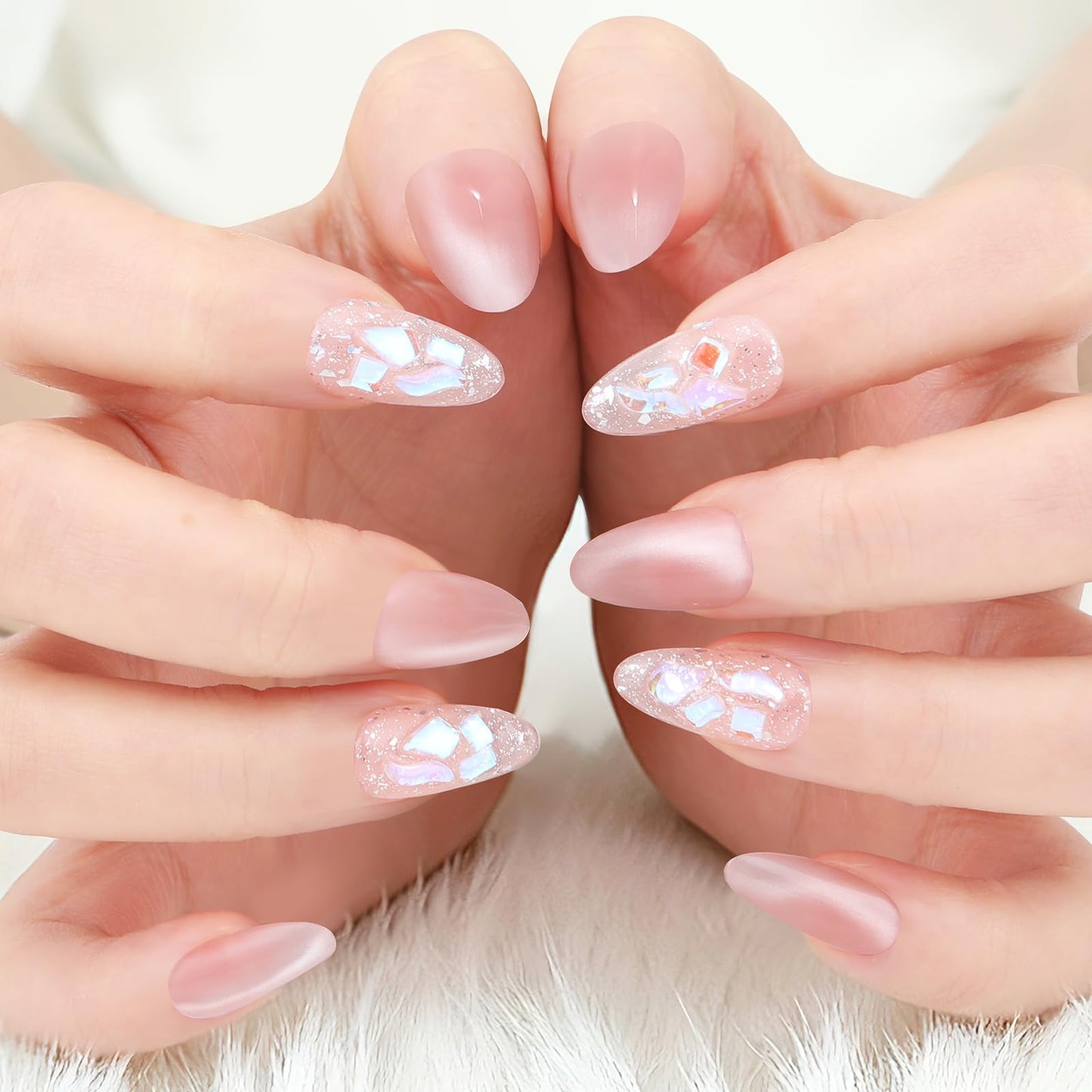 Yacey Handmade Press on Nails Short Almond, Reusable Soft Muti-Gel False Nails Press Ons, Pink Cat Eye Thick Acrylic Fake Nails, 3D Artificial Bling Glossy Glue on Nails for Women Girls (10 Pcs, M)