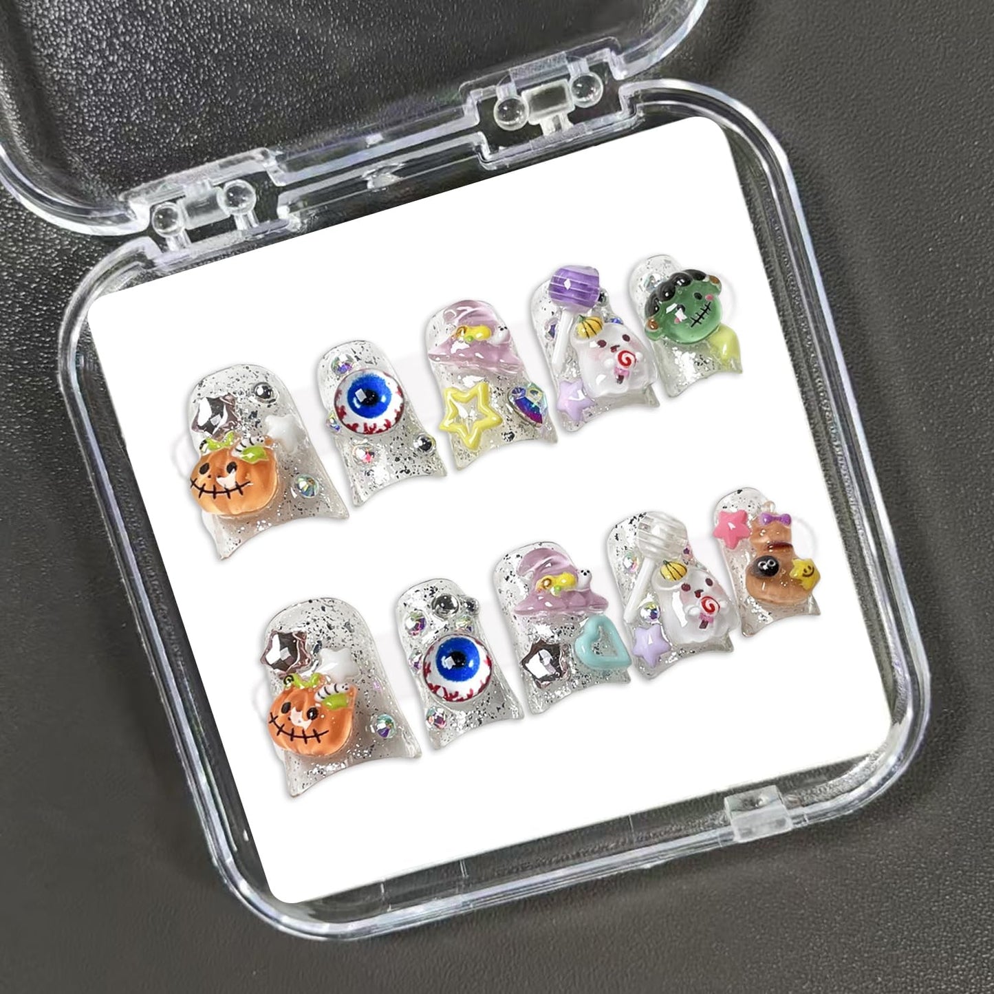 Cute Halloween Press on Nails Short Duck Stick on Nail 3D Unique Reusable Luxury Handmade Fake Nails with Little Ghost & Pumpkin Designs Glossy White Glue on Nail Thick Acrylic Nails for Women（Size M)