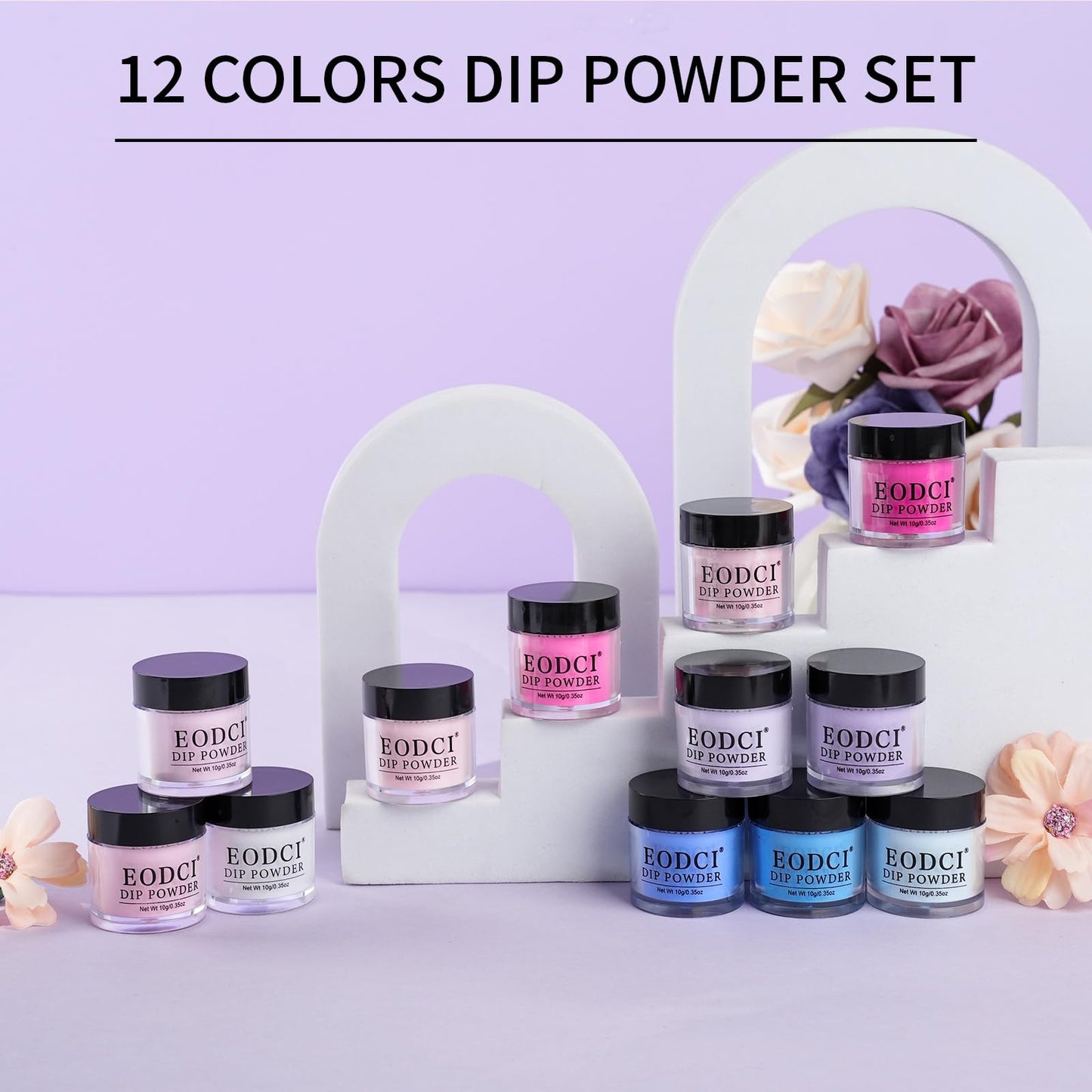 Eodci 12 Colors Nail Dip Powder Set, Hot Pink Blue Purple White Dipping Powder Kit, Shimmering Nude Glitter Nail Art Manicure Salon DIY for Daily at Home Party Gifts for Women