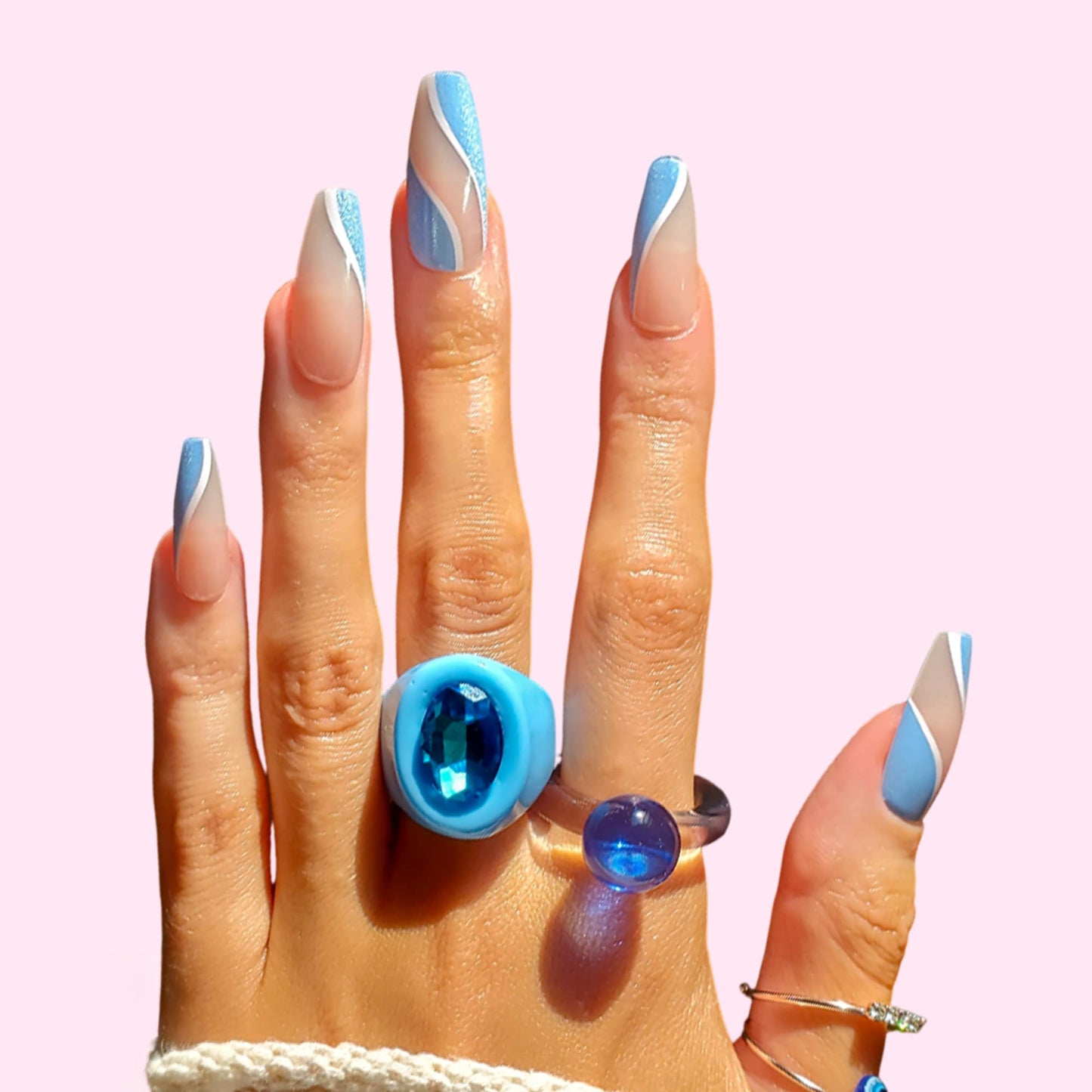 PaintLab Press On Nails - Blue Celestial Waves Coffin Fake Nails, 30 Nails in 15 Sizes with Glue, Reusable Salon Quality Press On Nails