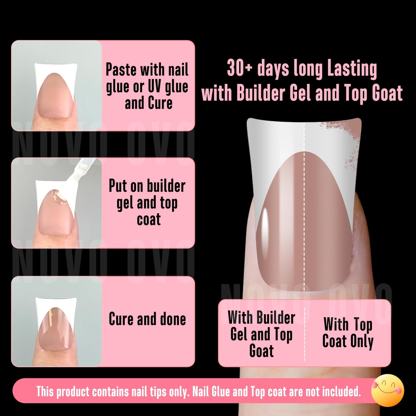 NOVO OVO Short Duck Nail Tips French Tip Press On BROWN PINK, Pre-designed Soft Gel Nail Extension, Need Buider Gel Top Coat, No Glue included, Full Cover Acrylic False Nails for DIY x 12 Sizes 240 pc