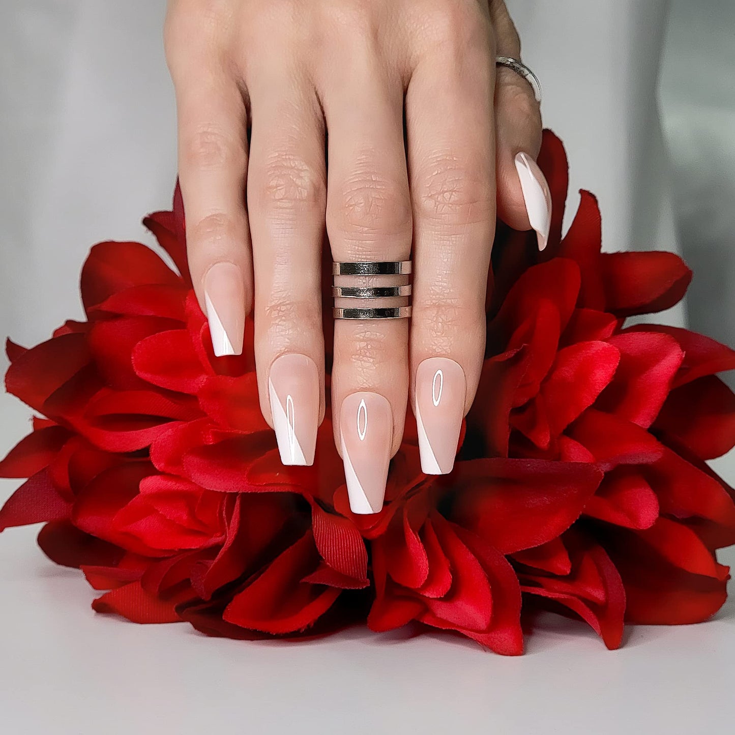 Hypnaughty 24 Pcs Paris Classy French Coffin Press On Nails with Design and Glue Medium Long Fake Nails Nude Pink and White Asymmetrical French Tip Glue On Nails Full Cover (Paris)