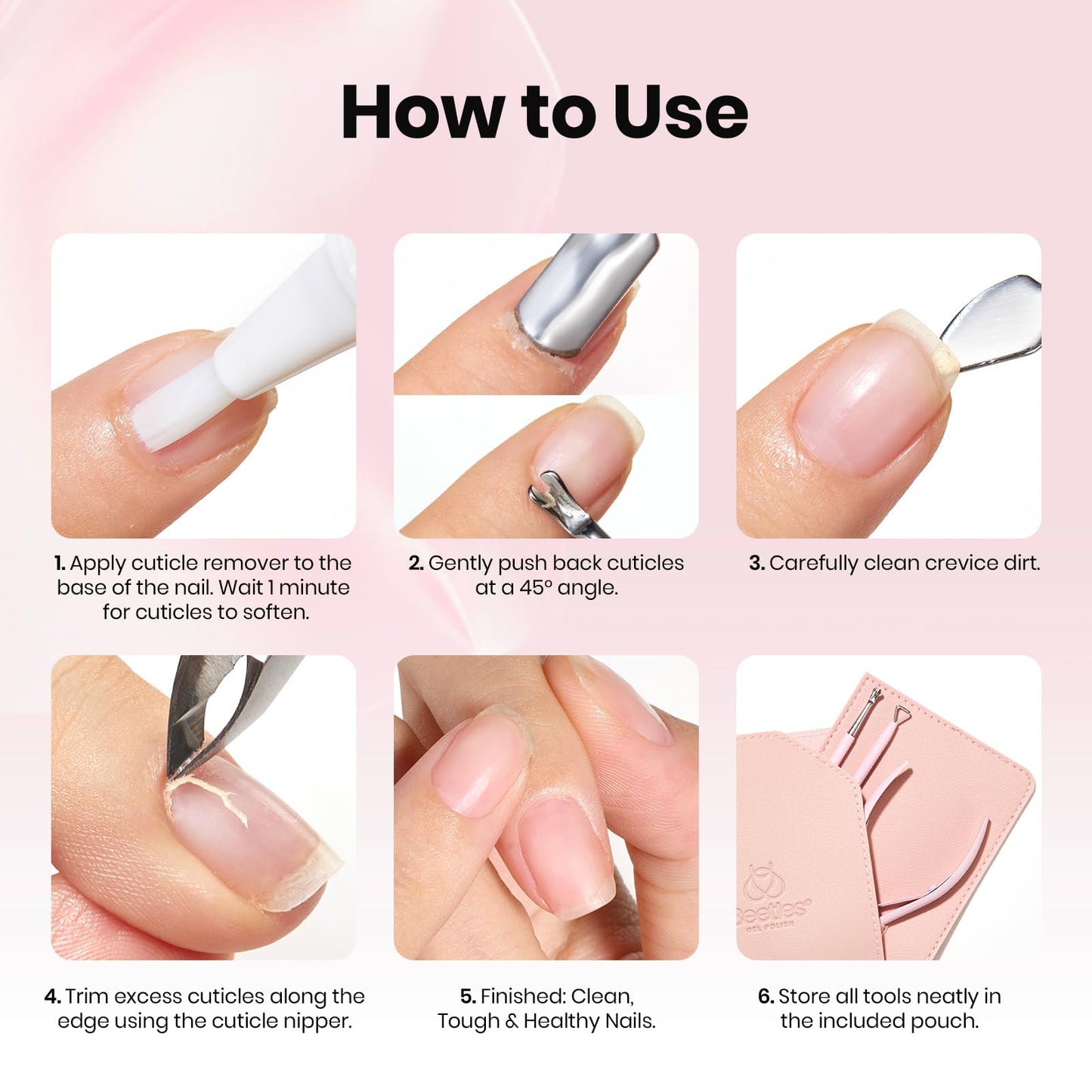 Beetles Manicure Kit for Women with Cuticle Remover, 3 PCS Pink Manicure Set Cuticle Trimmer Dual End Cuticles Pusher Clean Nails Tip Dirt Pusher with Storage Pouch Nail Prep Kit for Gel Nail Polish