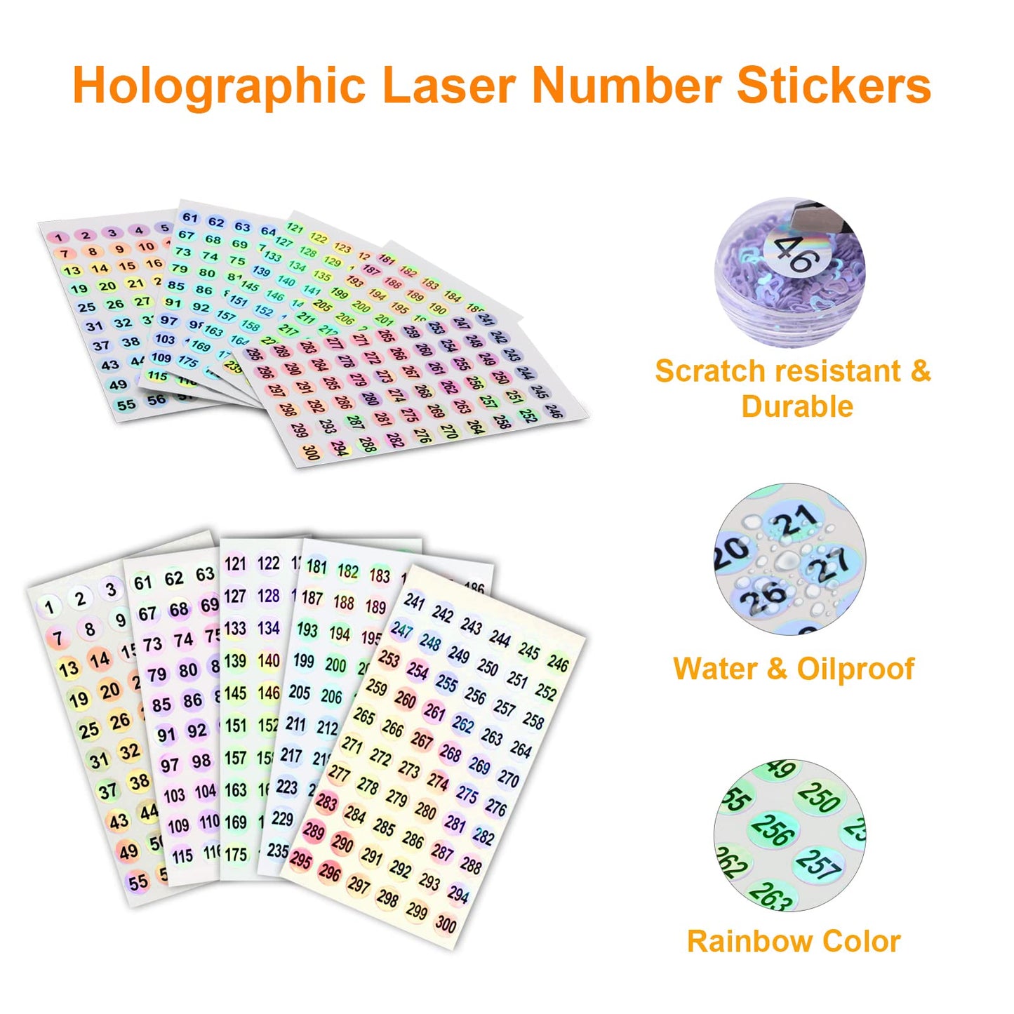 2 Sets Number Stickers (Number 1-300), Self Adhesive Holographic Label Stickers for Organizing Nail Polish Bottle/Nail Swatch Sticks/Lipstick (Dia.10mm)