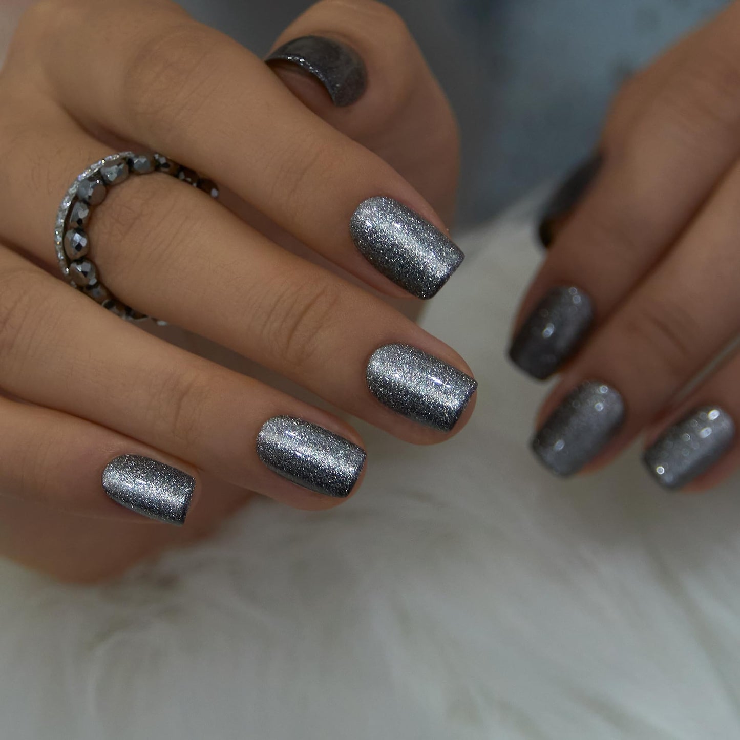 CurvLife Press On Nails Short Square – 30Pcs Silver Glitter Fake Nails, Soft Gel Dark Grey Press On Nails, Sparkly Glue On Stick On Nail Tips for Women & Girls, Party & Night Out