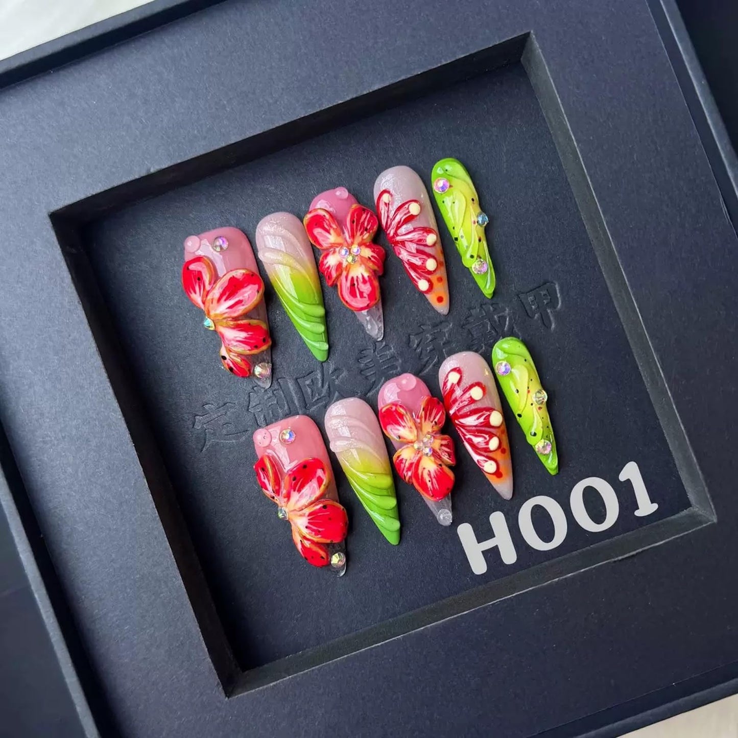 100% Handmade Press on Nails Long Stiletto Fake Nails Red 5D Flower Glue on Nails Ombre Green False Nails with Rhinestones Water Ripple Handmade Nail for Women Girls Daily Wear Manicure 10pcs Size L