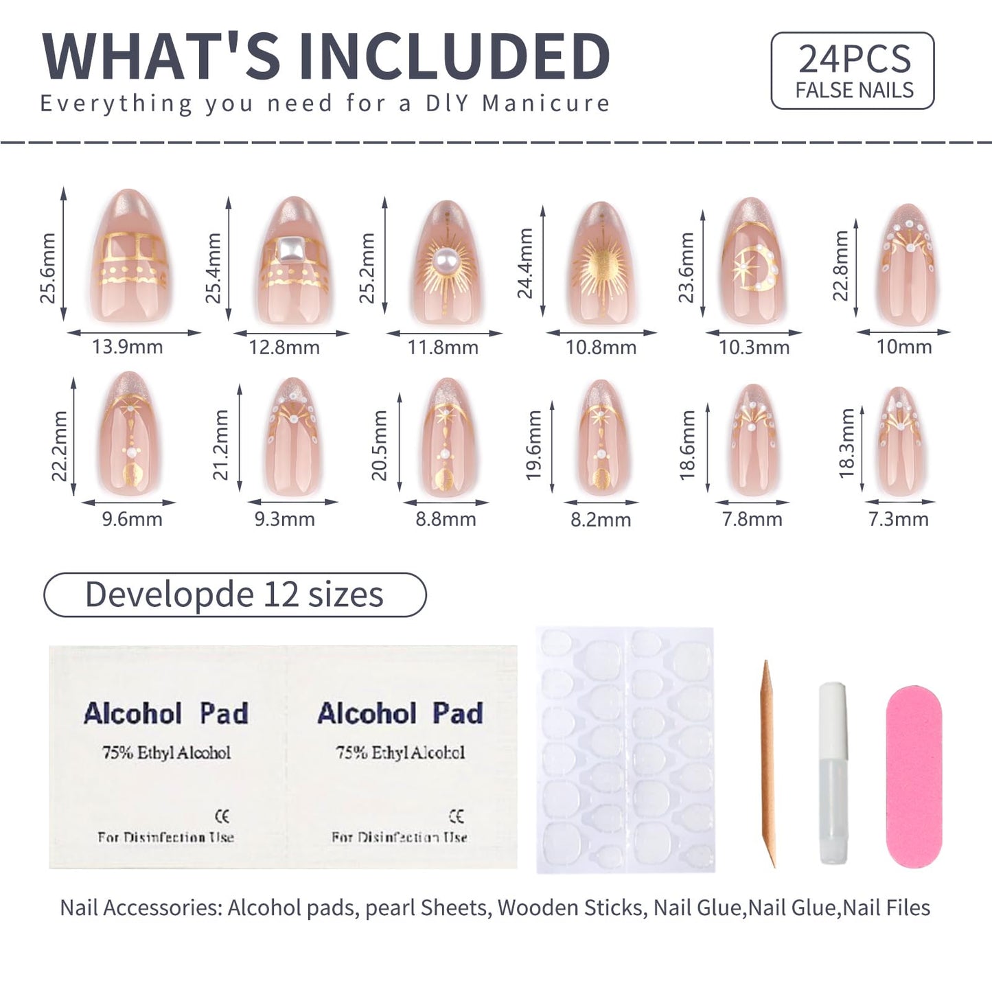 Stbisen French Nude Press On Nails Almond, Short Fake Nails with 3D Gold Moon and Star Design, Glitter French Tip and Pearl Accents, Glossy Reusable Glue On Nails Kit for Women, 24Pcs