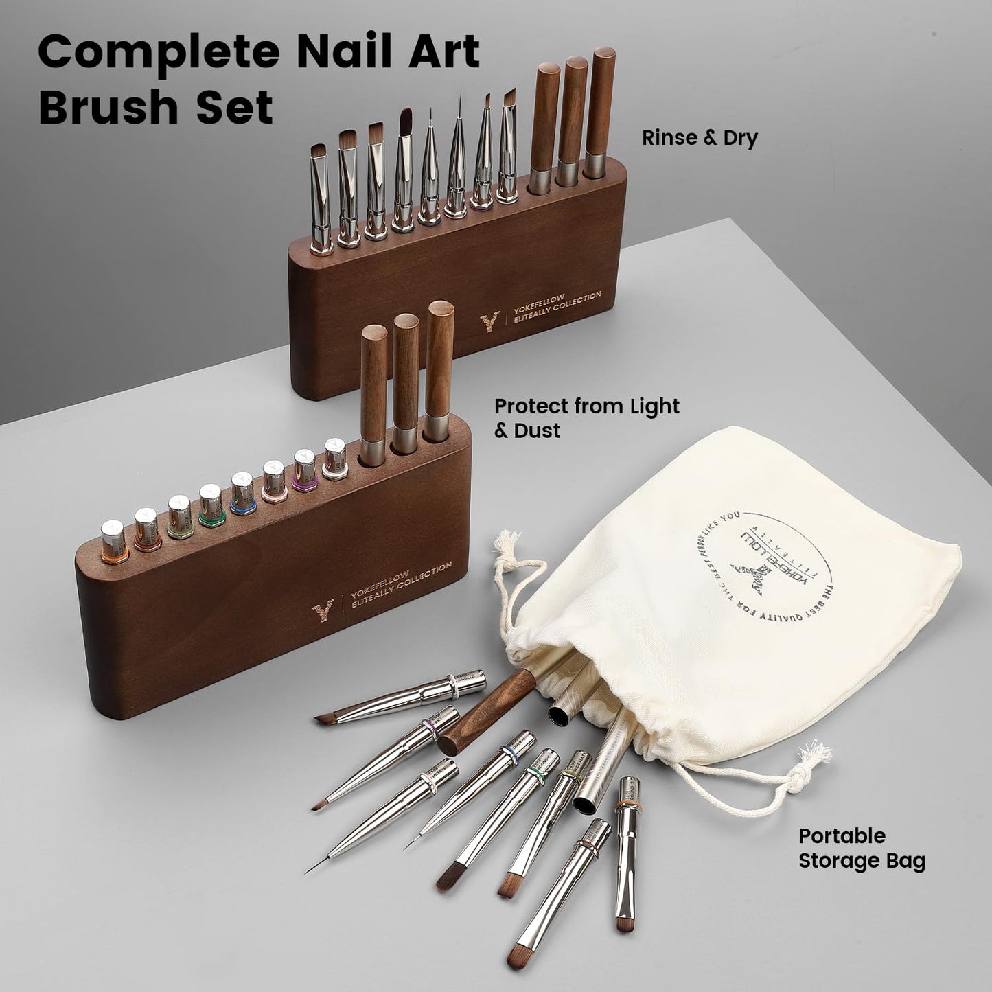 YOKEFELLOW EliteAlly Nail Art Brushes, 8pcs Nail Art Tool Set with Brush Holder, Gel Nail Brush,Extension Brush, French Tip Brush, Liner Brushes for Gel Polish Design Supply(EAkit-01)