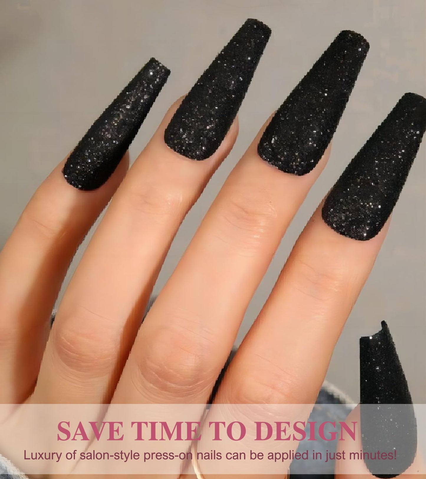 Aegenacess Black Press On Nails Coffin - Long With Glue Stickers, Glitter Stick On for Women, Light Weight in 12 Sizes, 24pcs Fake Nail Kit