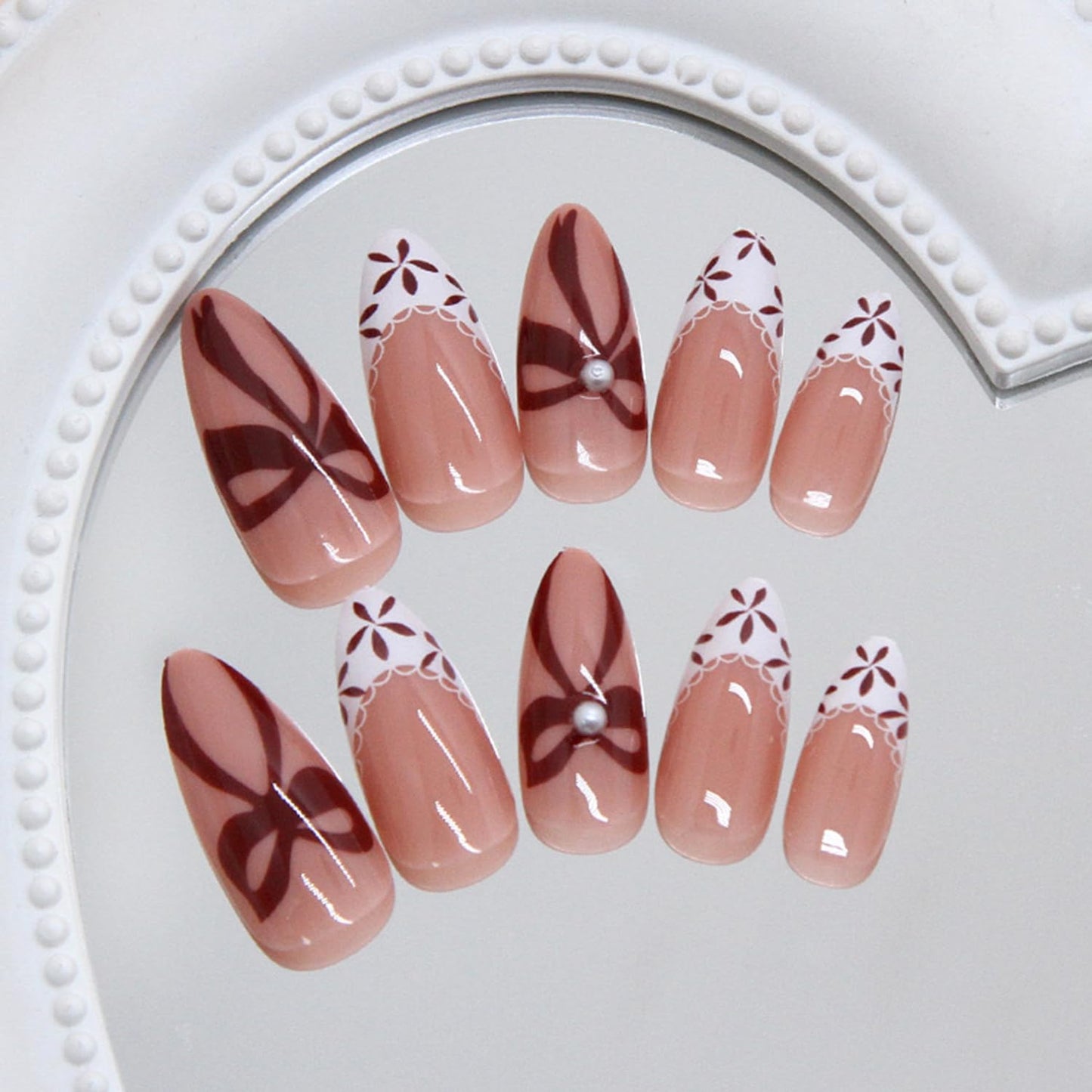 CJDLTS Flower Press on Nails Almond Shaped Artificial Acrylic French White False Nails 3D Floral Red Bow with Pearl Spring Glossy Design Medium Coffin Nail Artificial Fingernails for Women Manicure
