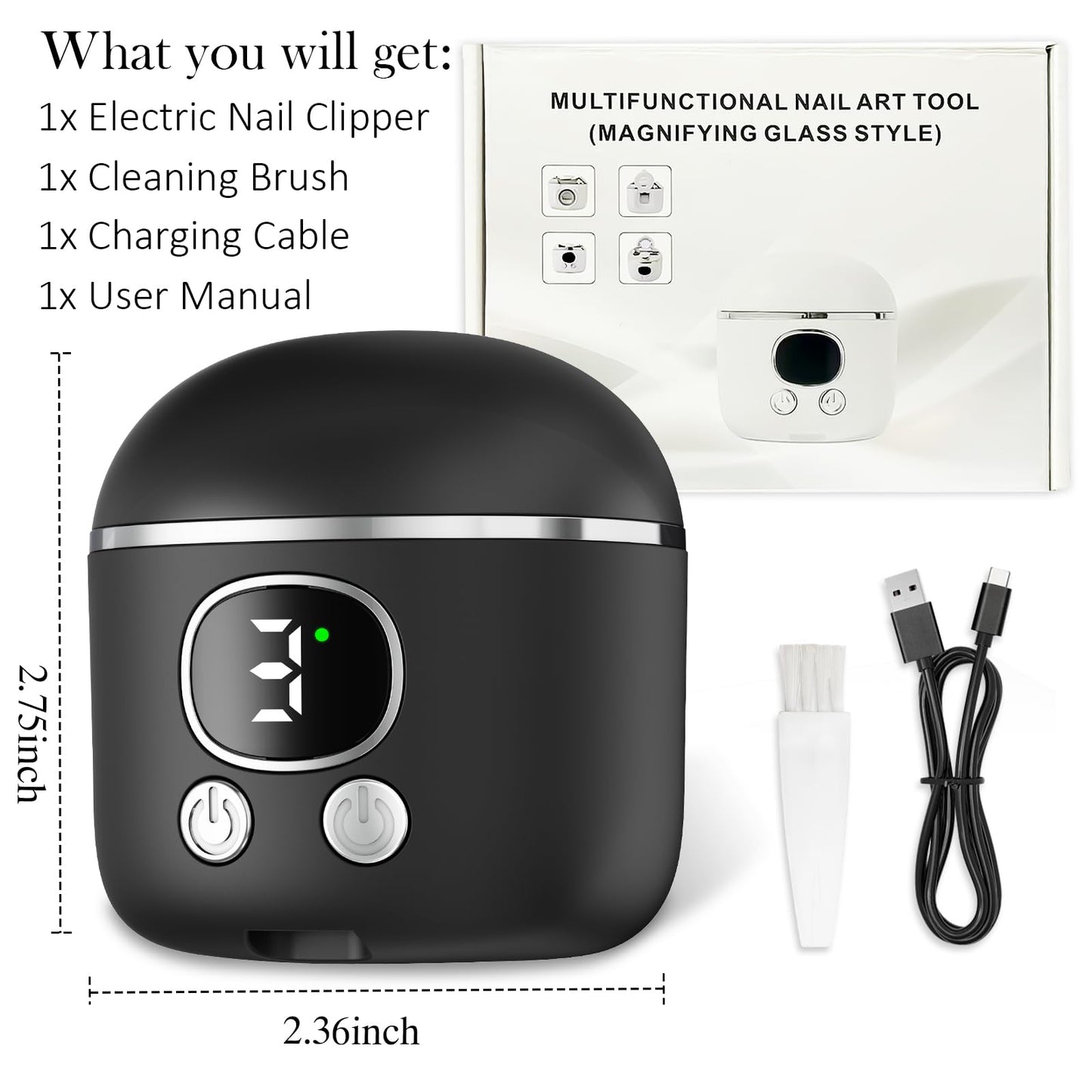 YunLuna 2026 New Electric Nail Clipper, 3-Speed Fingernail Trimmer with Magnifying Glass & Adjustable Trim Slot, Automatic Nail Clipper/Polisher/Grinder with Light Safe for Seniors Adults Kids, Black