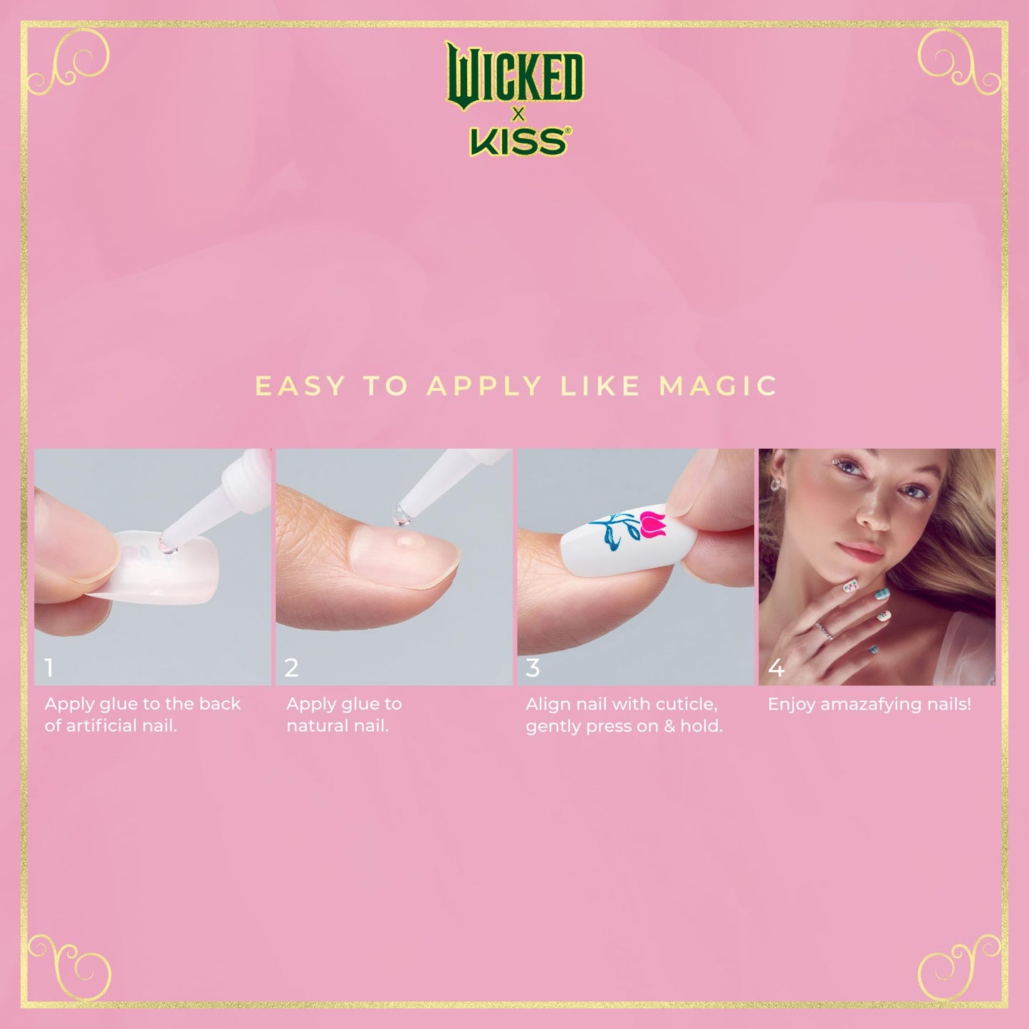 WICKED X KISS Press On Nails Almond, ‘Thrillifying!’, Green, Medium, Waterproof, Chip Proof, Smudge Proof, 28 Fake Nails, Pink Gel Nail Glue (2g), Mini Nail File, & Manicure Stick