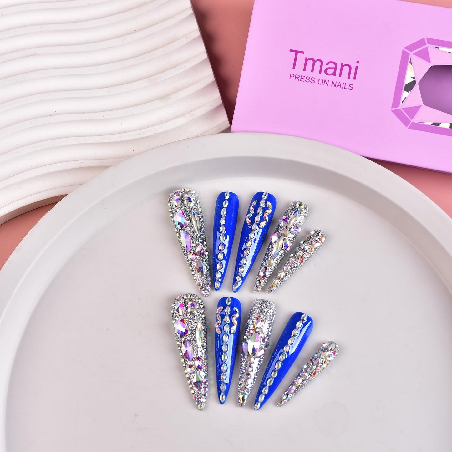 Tmani 10pc/set Extra Long Handmade Press On Nail Hot Girl's Long Ballet Nails Pointed Nail Full of Diamond Glitter Decoration Fake Nails Suitable For Girls Festival Parties and Birthday Gift (232,M)