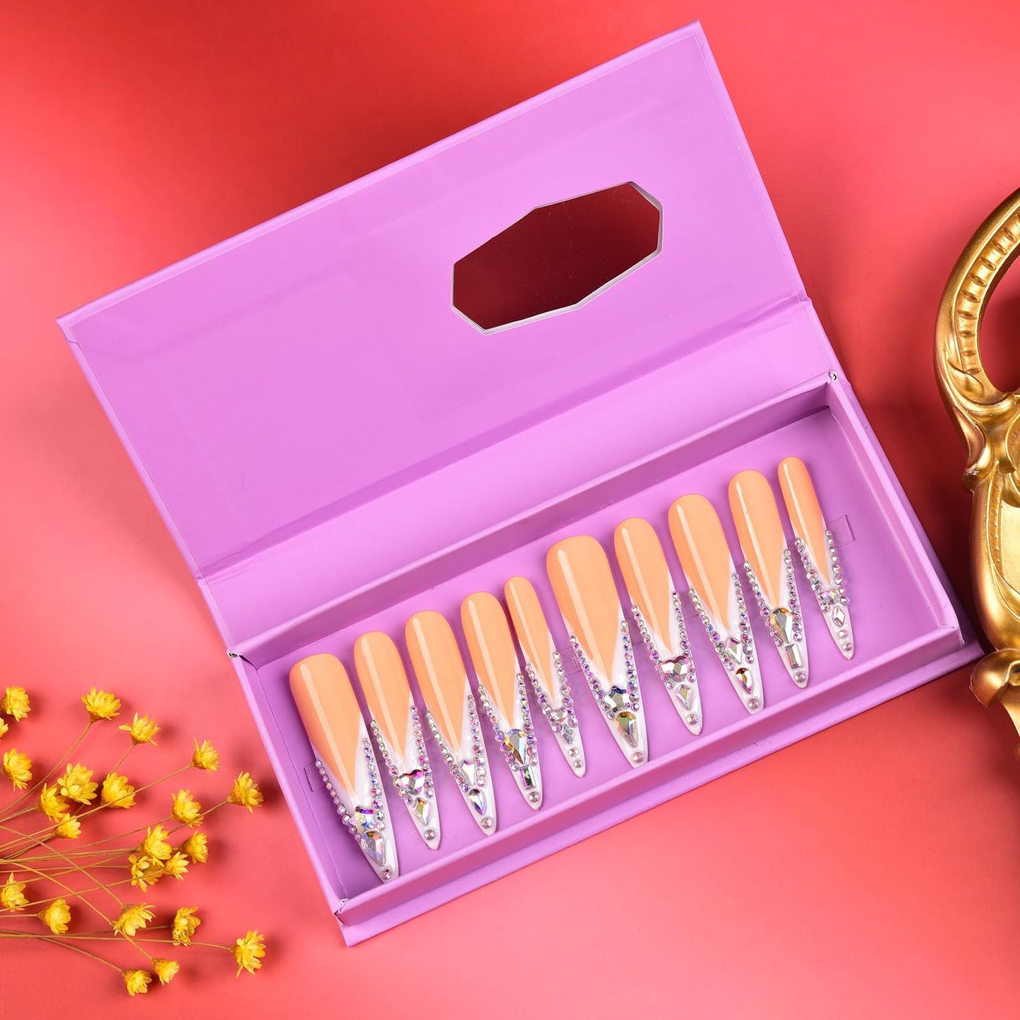 Tmani 10pc/set Extra Long Handmade Press On Nail Hot Girl's Long Ballet Nails Pointed Nail Full of Diamond Glitter Decoration Fake Nails Suitable For Girls Festival Parties and Birthday Gift（007,S)