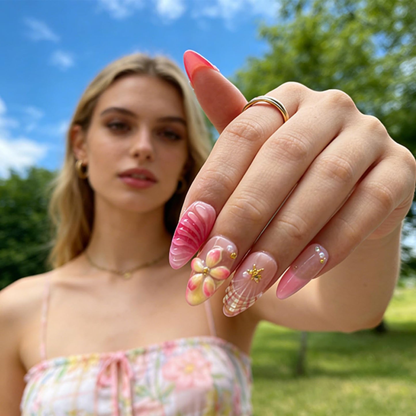 Pink Almond Press On Nails, Handmade 3D Jelly Flower Starfish & Pearl Design, Cute Sweet Summer Beach 10pcs Acrylic Nail Set, Glossy Reusable for Vacation, Holiday & Birthday - Appife