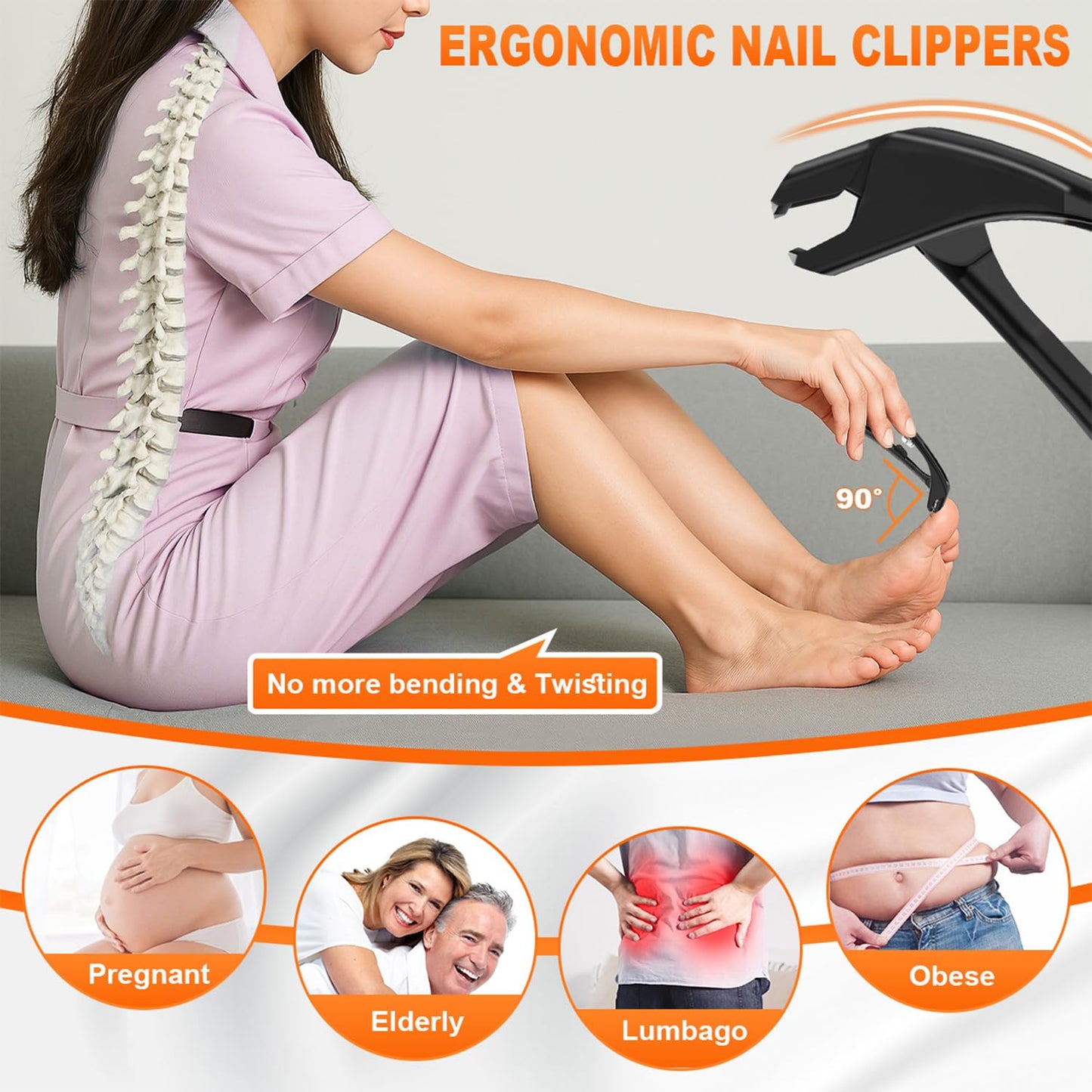 Nail Clippers Set, CLPPNA Angled Head Long Handled Toenail Clippers for Thick Toenails, Sharp Heavy Duty Ingrown Toenail Clippers with Wide Jaw, Podiatrist Nail Clippers for Seniors and Men