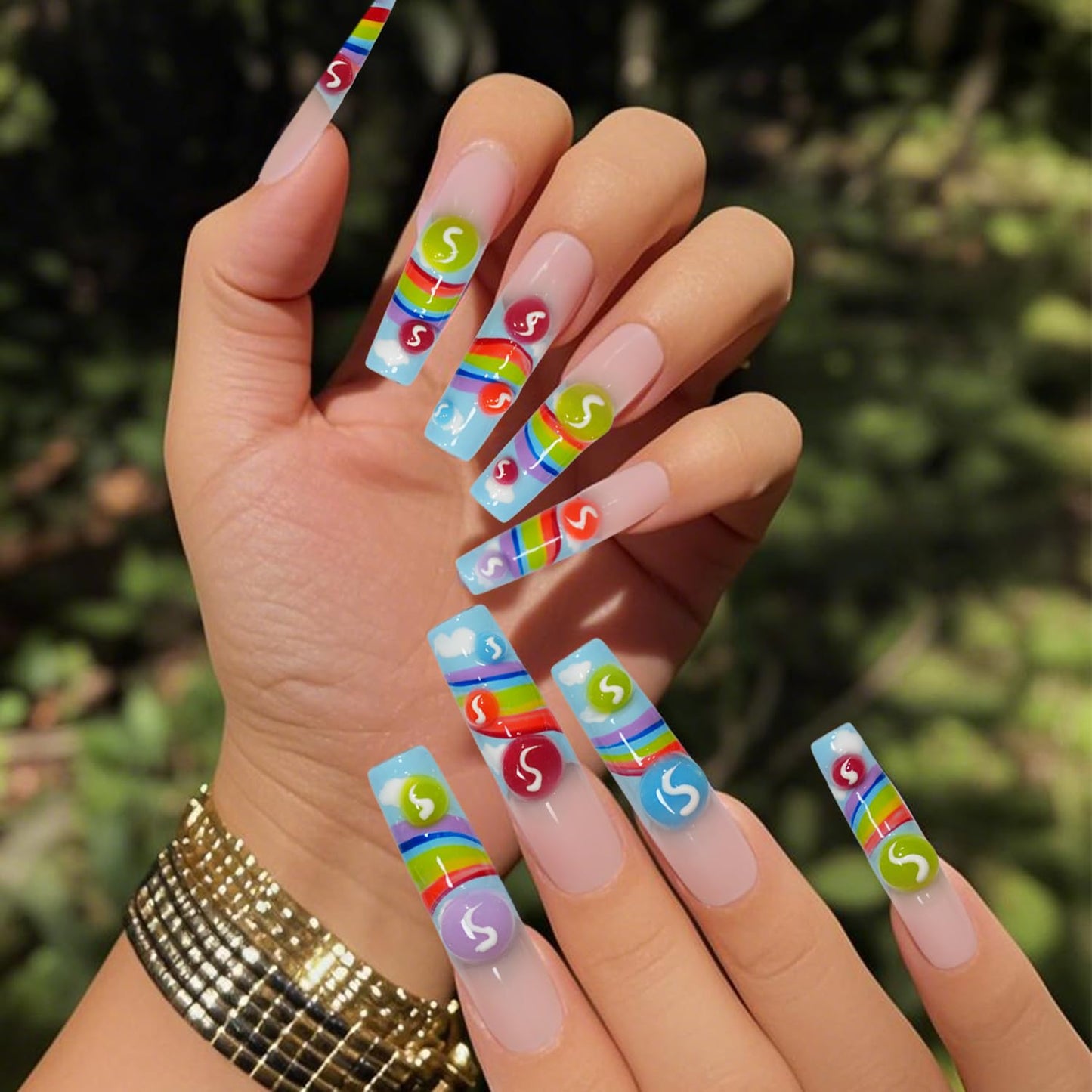 GREENTEA Handmade Nail Summer Rainbow Skittles Design Press-On Nails, Long Coffin Style with Clou d, Custom Nail Art Set,10 Pieces,Size-M