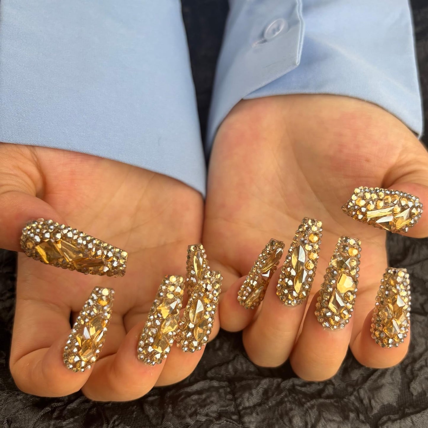 AKA Unicorn Trendy Handmade Press On Nails Long Square Shape,10Pcs Shimmery Acrylic Fake Nails with 3D Champagne Rhinestone Luxury Design Stick On Nail for Woman Gift