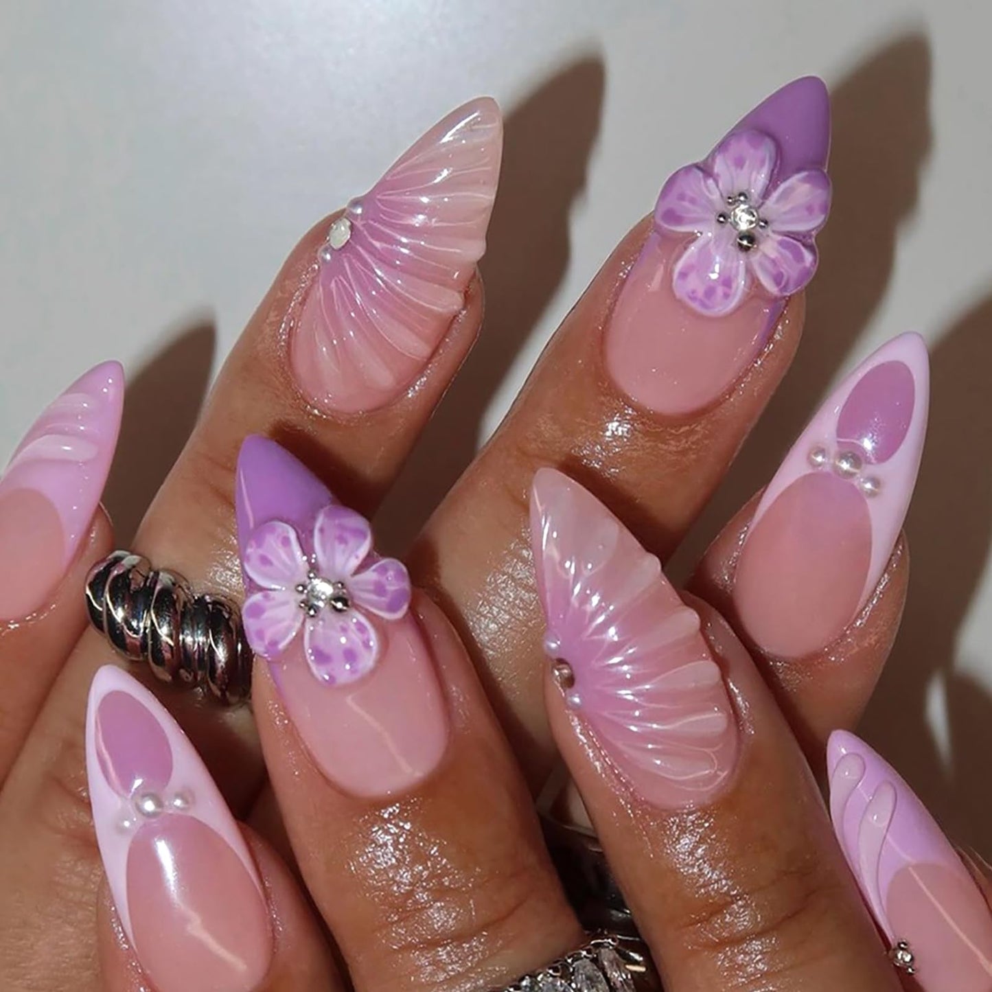 HOSAILY Purple Flower Press on Nails Medium Almond, 3D Spring Summer Floral Rhinestone Pearl Fake False Nails for Women, 24Pcs Glossy Full Cover Stick on Purple French Tip Nails with Glue