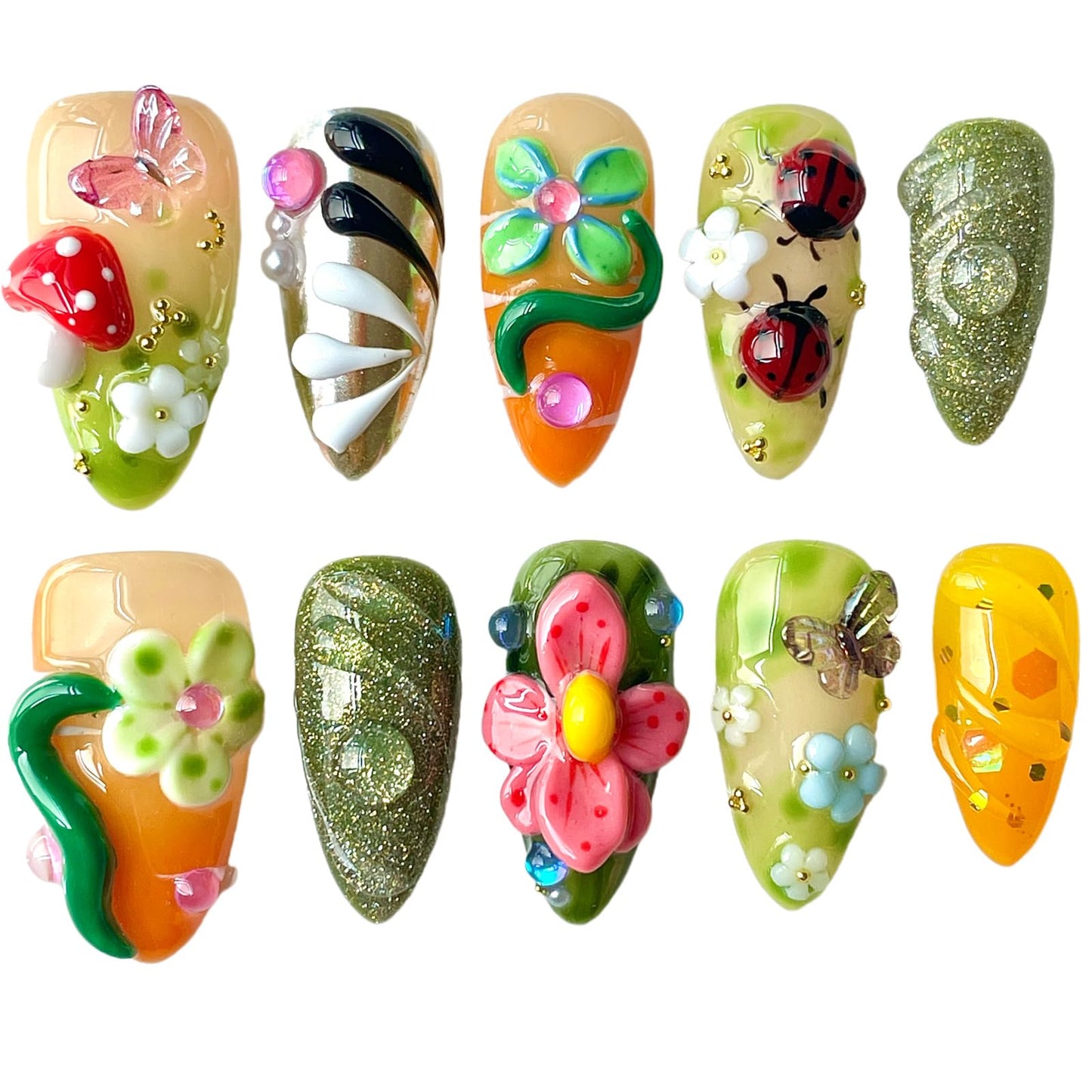 Handmade Press on Nails, 3D Floral Art Fake Nails with Red Mushroom, Ladybug, Butterfly & Glitter, Medium Almond Shape Acrylic False Nails Magic Garden (S)