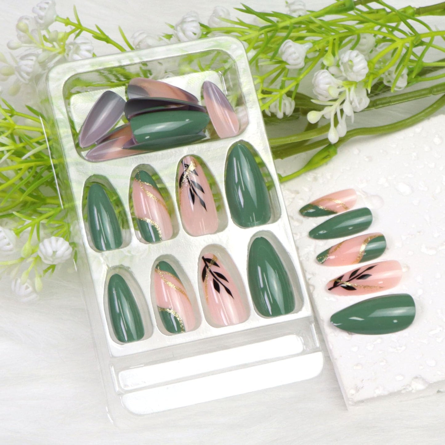 24Pcs Medium Press on Nails Almond Fake Nails with Leaves Designs Golden Glitter Glue on Nail Nude & Green Acrylic Nails Press ons Reusable Stick on Nails for Women Girls