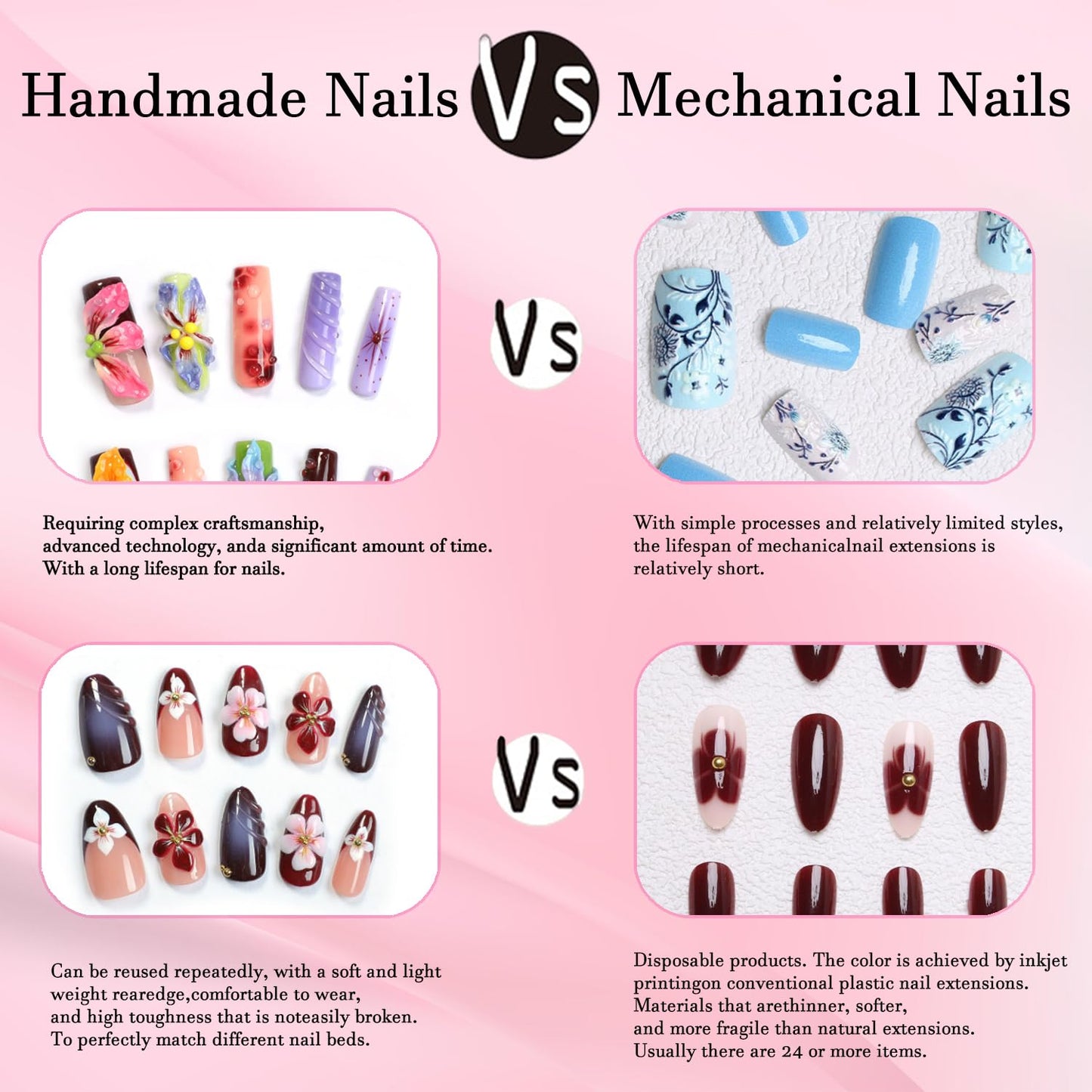 10 Pcs Handmade Press on Nails with Glue,Luxury Almond False Nails with 5D Tropical Flower Design Pink Reusable Acrylic Nails Handmade Nail Muti-Layer Gel Thick False Nails for Women(Size S)