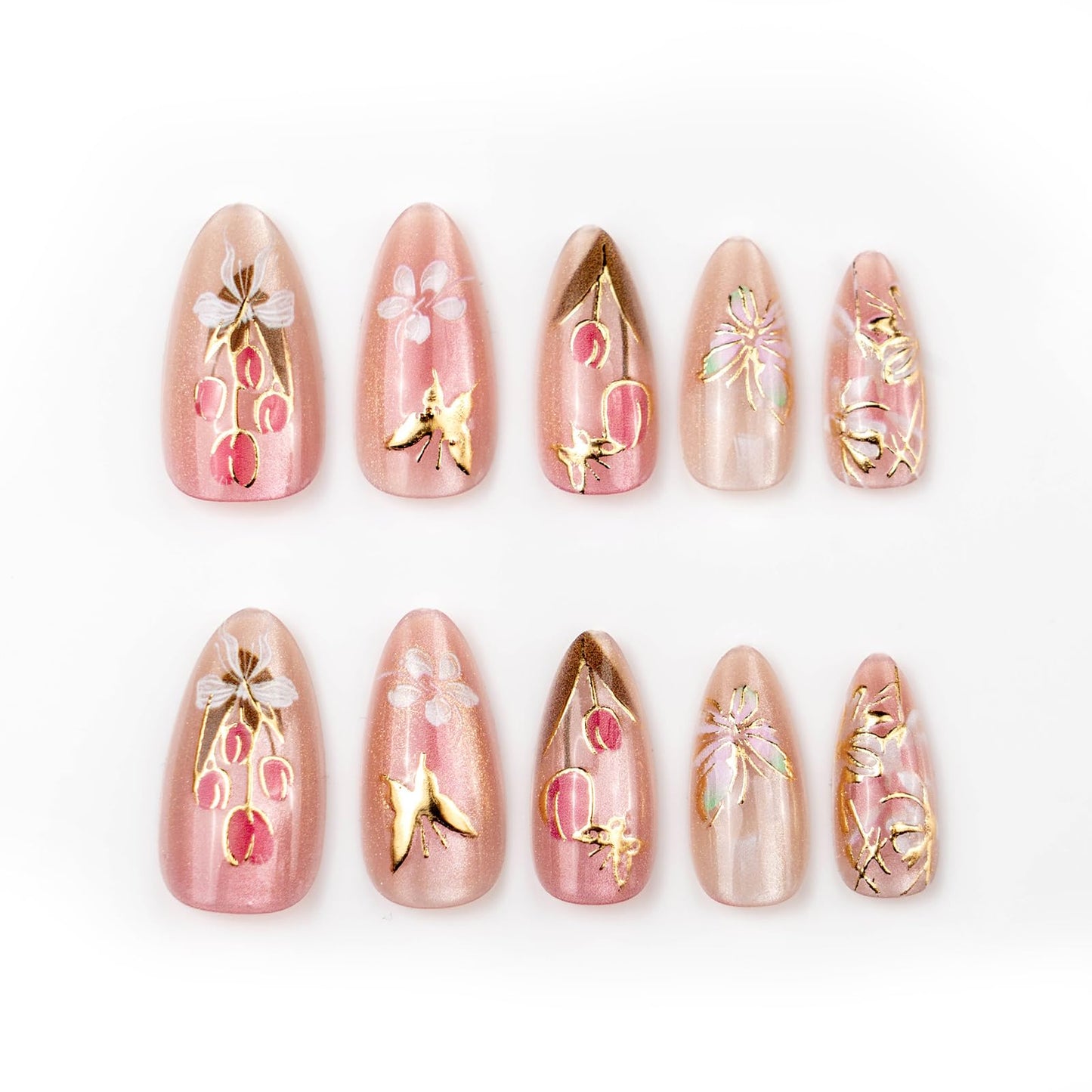 Flower Press on Nails Medium Almond Fake Nails with Designs Tulip Butterfly Stick on Nail Cute Glitter Acrylic False Nail Spring Summer Artificial Nail Glossy Full Cover Glue on Nails for Women
