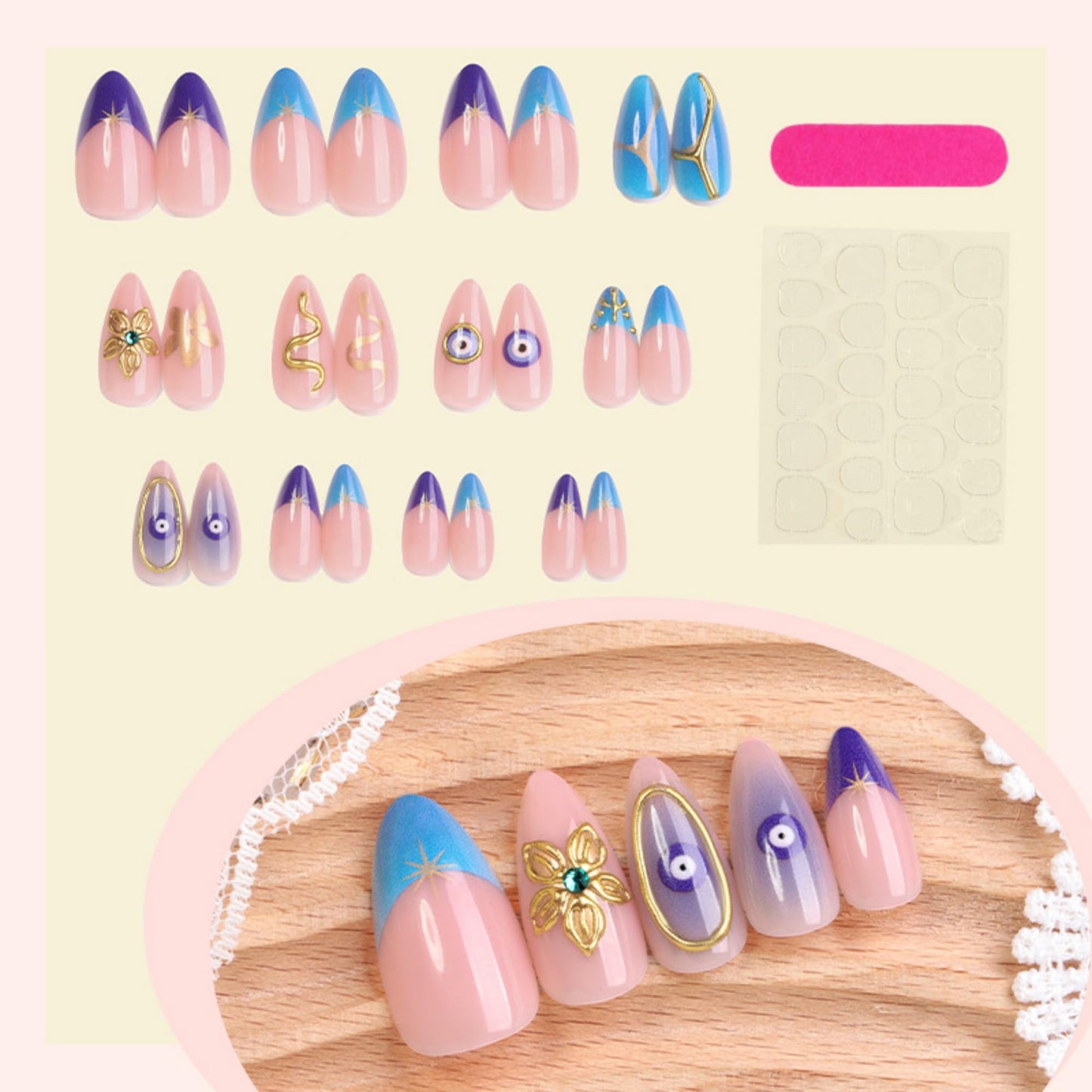 octoswave Press on Nails Medium Almond Fake Nails Blue French Artificial Nail Flowers and Gold Charm Stick on Nail for Women 24pcs
