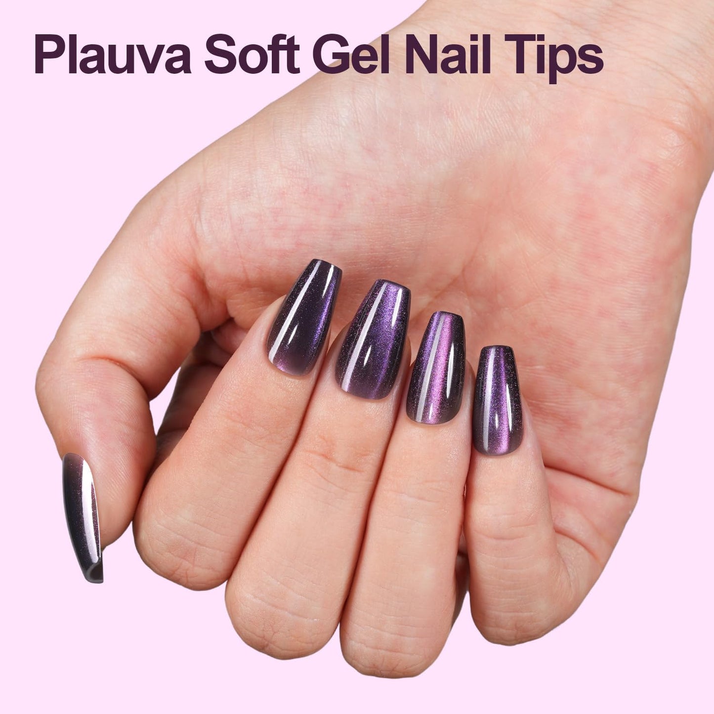 Plauva Cat Eye Press on Nails, 300Pcs Short Coffin Cat Eye Nail Tips, Glossy Glitter Soft Gel Fake Nails for Women and Girls Stick On Nails in 15 Sizes