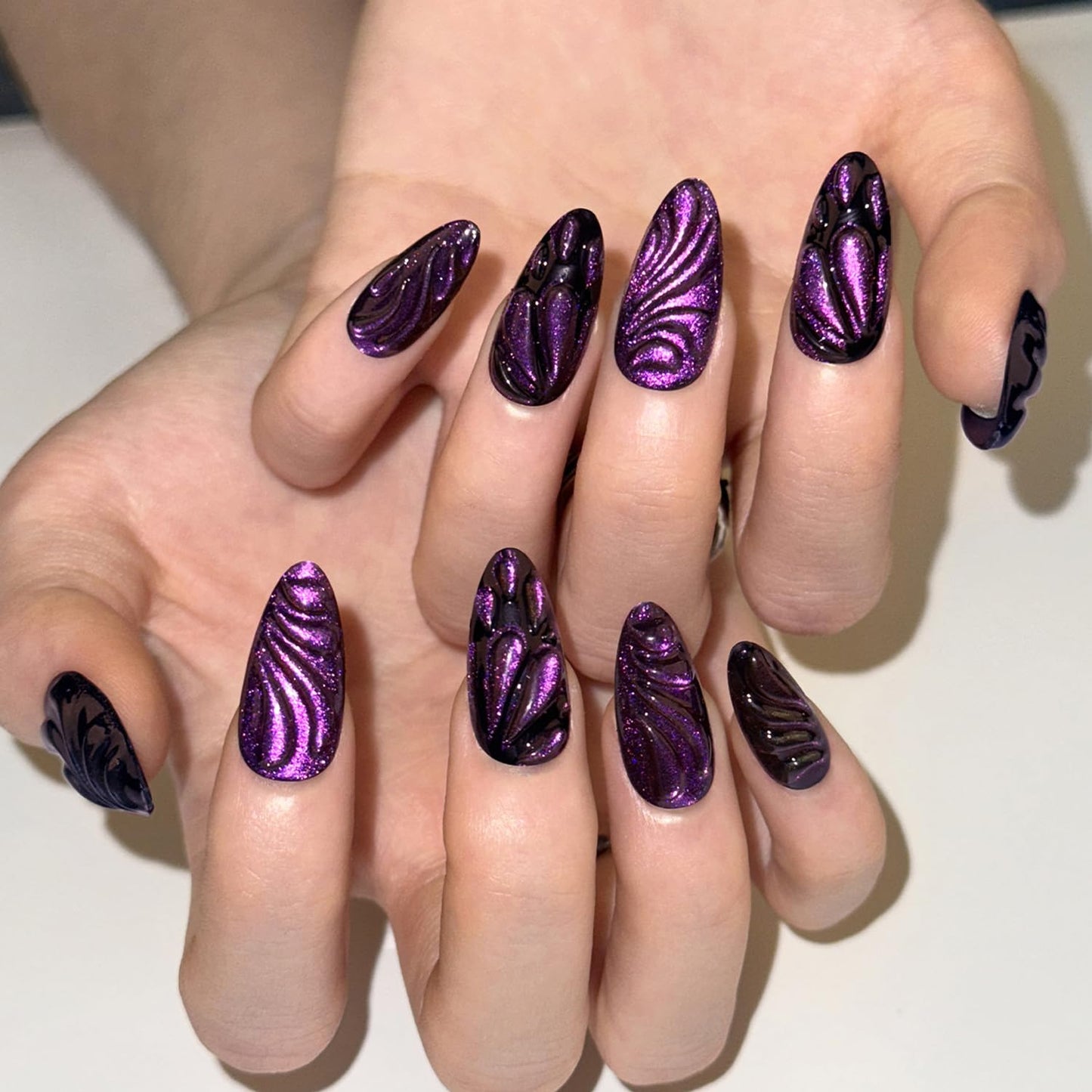 24pcs Black Purple Press on Nails Cat's Eye Fake Y2K Nails 3D Butterfly Water Drops Design Handmade Press on Nails Cool Punk False Nails Medium Almond Tip False Nails for Women Daily Wear