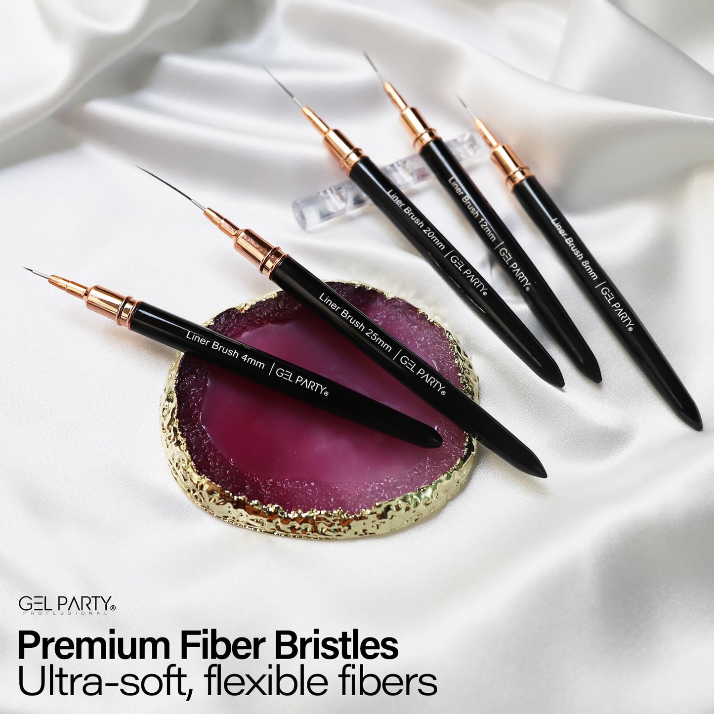 GELPARTY 7Pcs Black Nail Art Brush Set - Professional Ultra-Fine Liner & Detail Brushes for Gel Polish & Acrylic Nails - Includes Purple Agate Palette & Holder - Manicure Design Tool Kit