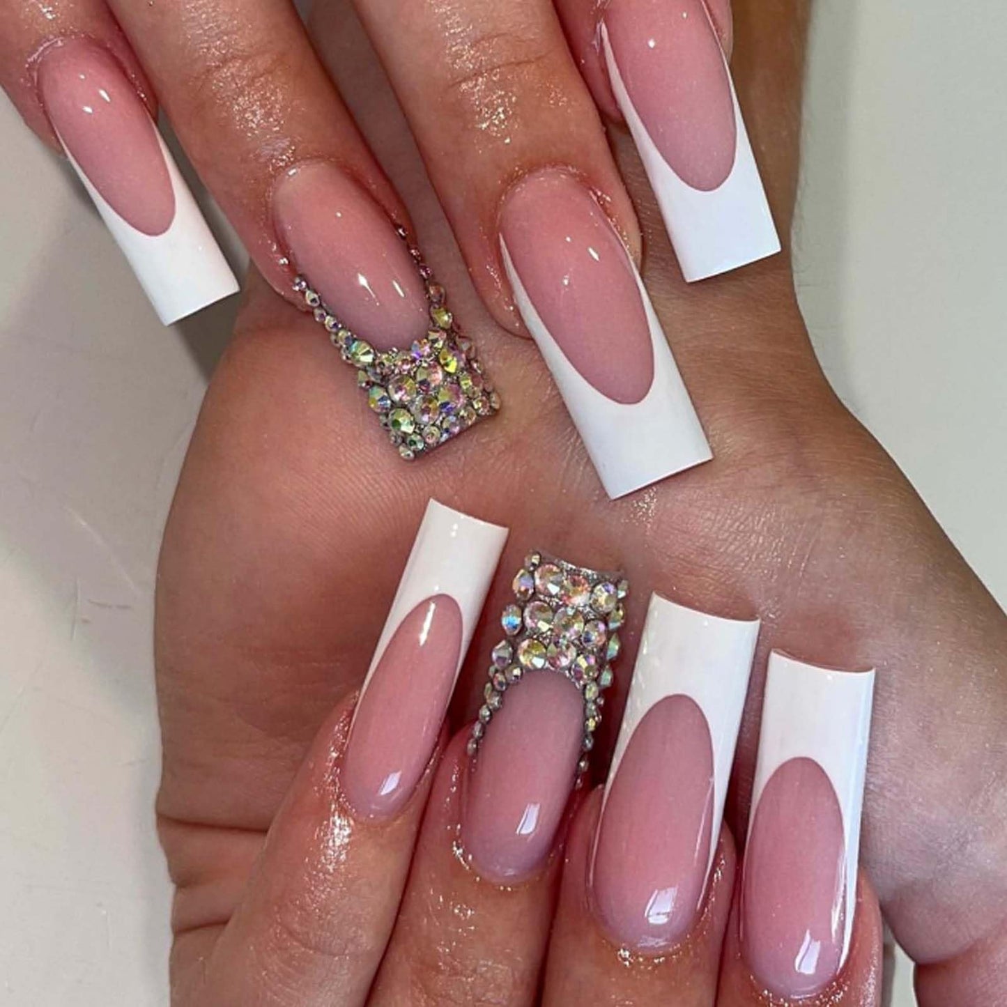 DANMANR Square Fake French Nails False Long Nails Full Cover Acrylic Long Fake Nails for Women and Girls 24PCS (Color 10)