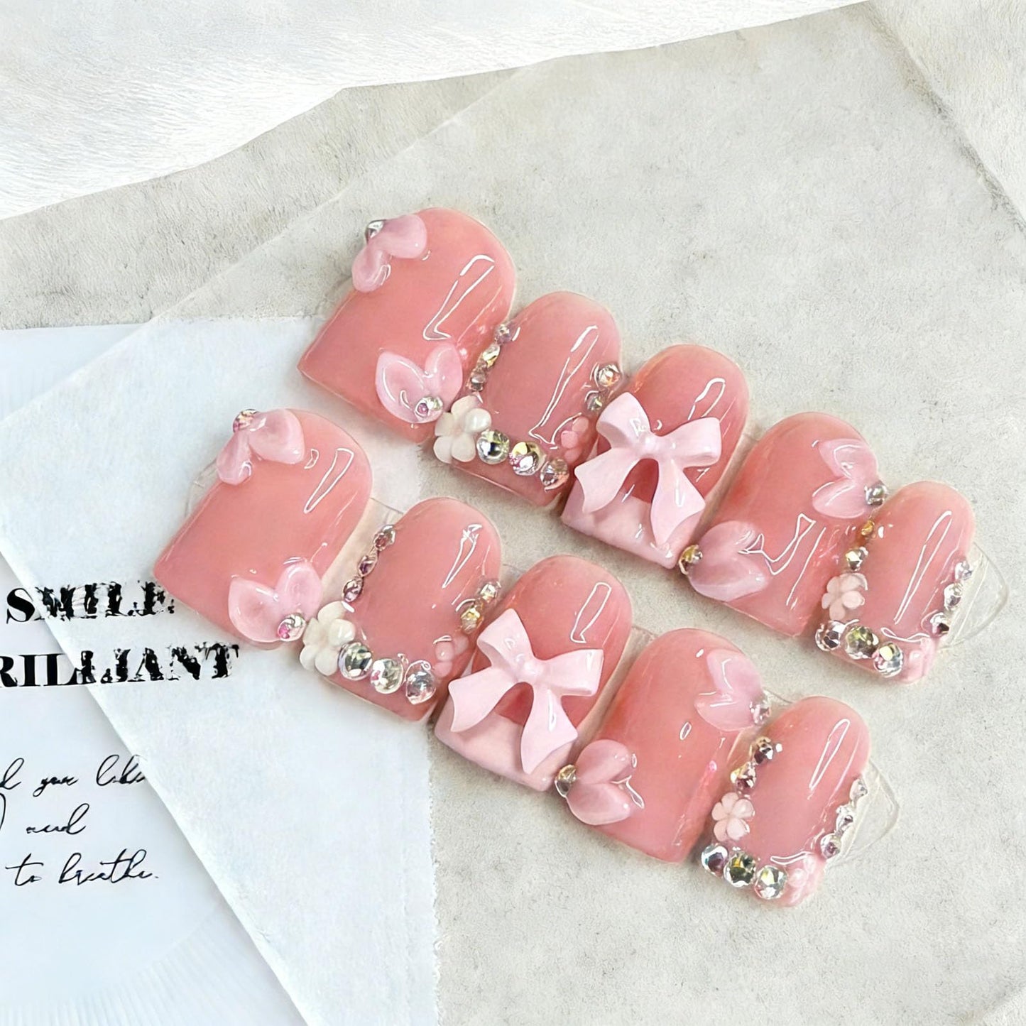 10 Pcs Handmade Press on Nails Short Square Fake Nails with 3D Flower Bow Rhinestones Charms Design White French Tip Acrylic False Nails M Size Press Ons Nails Square Pink for Women