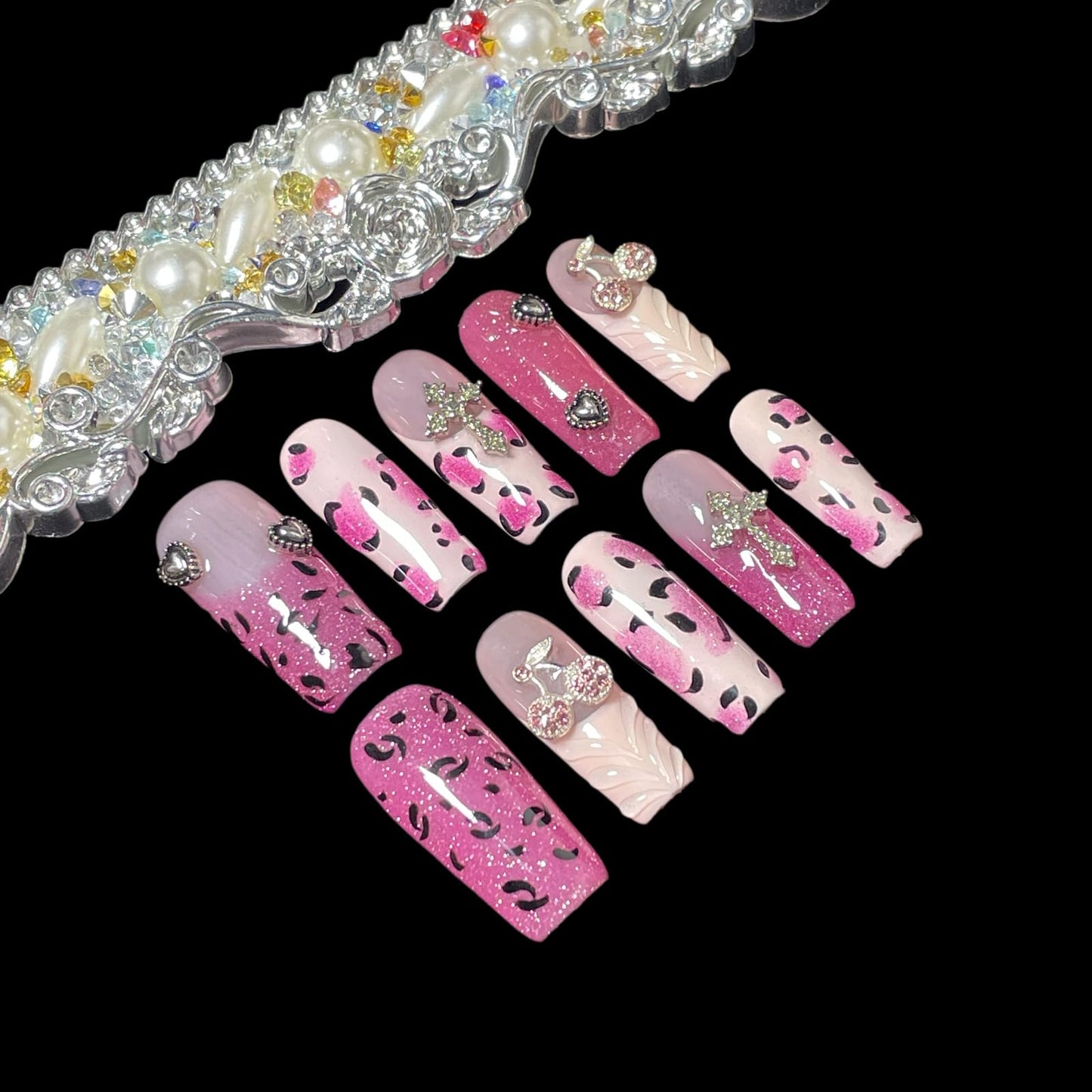 Handmade Press On Nails Pink Leopard Print Design Medium/Long Square Cherry Charms, Glitter Ombre Artificial Acrylic Thick False Nails (Sparkle, L)