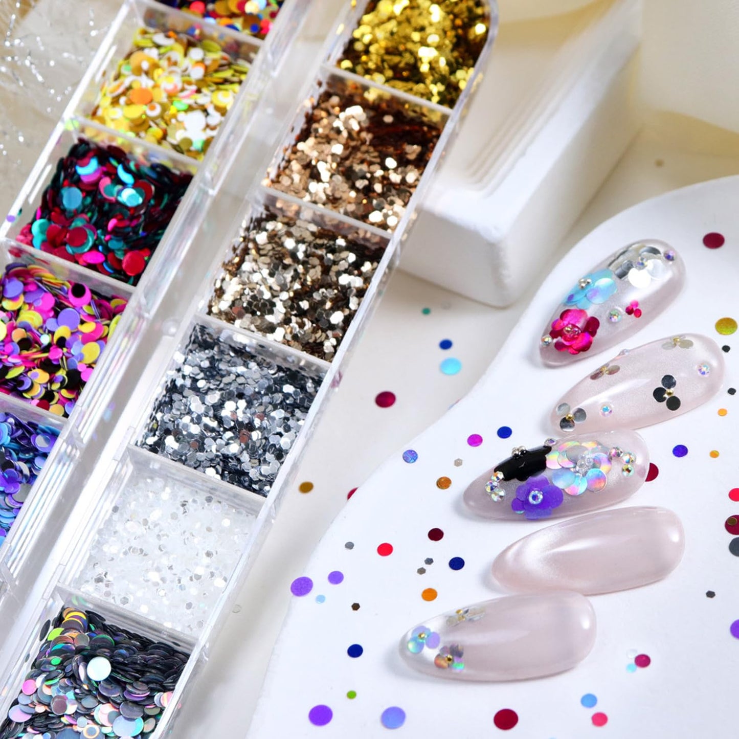 12 Grids Polka Dot Round Sequins Mixed with Colorful Nail Art Glitter Kit - Colorful Round Nail Art Flake Nail Paillette Mixed Rounds Thin Dot Y2K Shiny 3D Nail Stickers for Women DIY Manicure