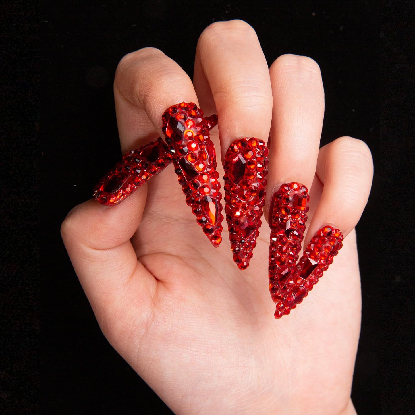 LOVFUL Press on Nails Flaming Luxury Red Stiletto | Handmade with Full Covered Crystals| Reusable Fake Nails | Stiletto Mid Length 1.7 in | H39-M