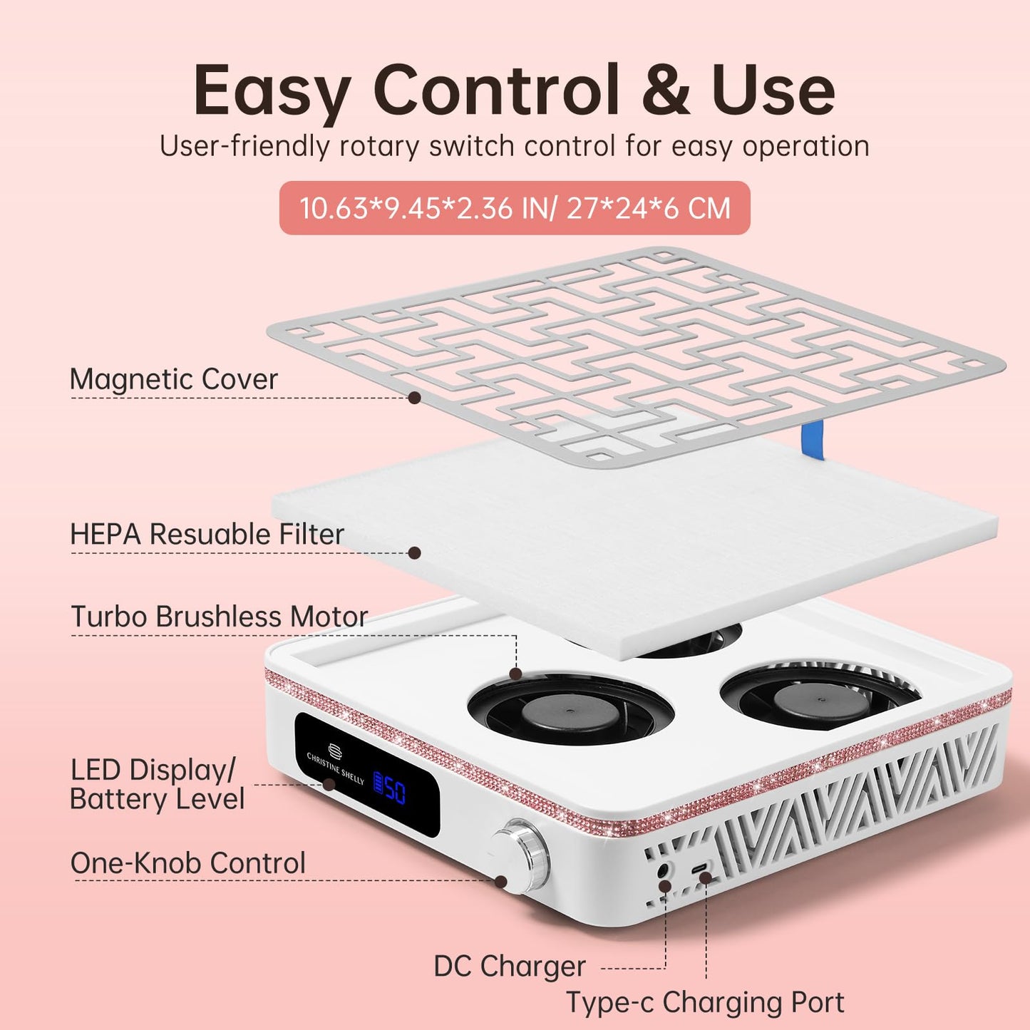 CHRISTINE SHELLY Cordless Nail Dust Collector, Professional Portable Dust Collector Nail Tech, Powerful 2400PA 19500RPM Nail Fan Vent Dust Collector Extractor with 50 Gears, Low Noise, Nail Salon