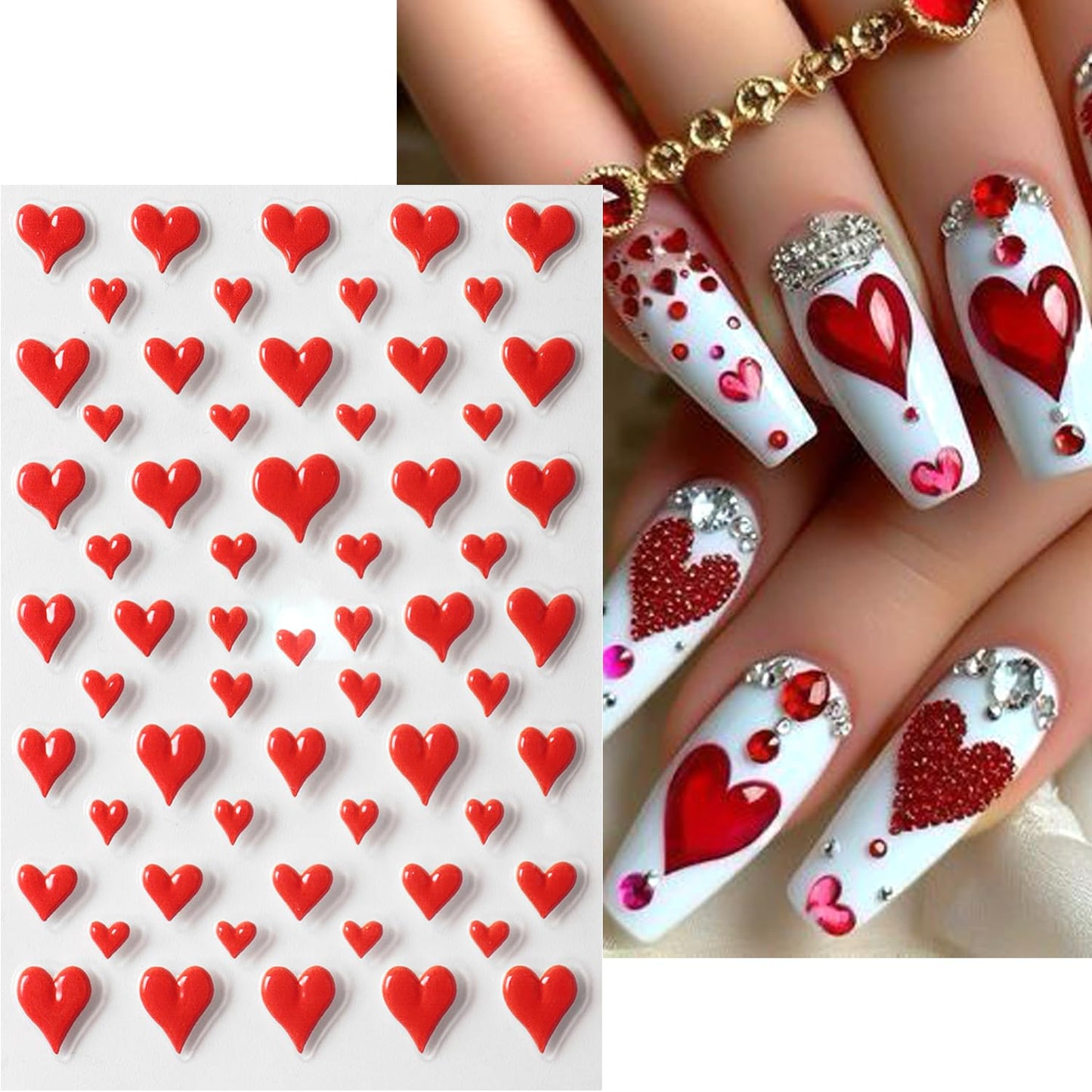 4Pcs Valentine's Nail Art Stickers Decal - 5D Embossed Pink Heart-Shaped Nail Stickers with Adhesive for Valentines Romantic Love Red Hearts Nail Transfer Slider Sticker for Women Manicure Decor