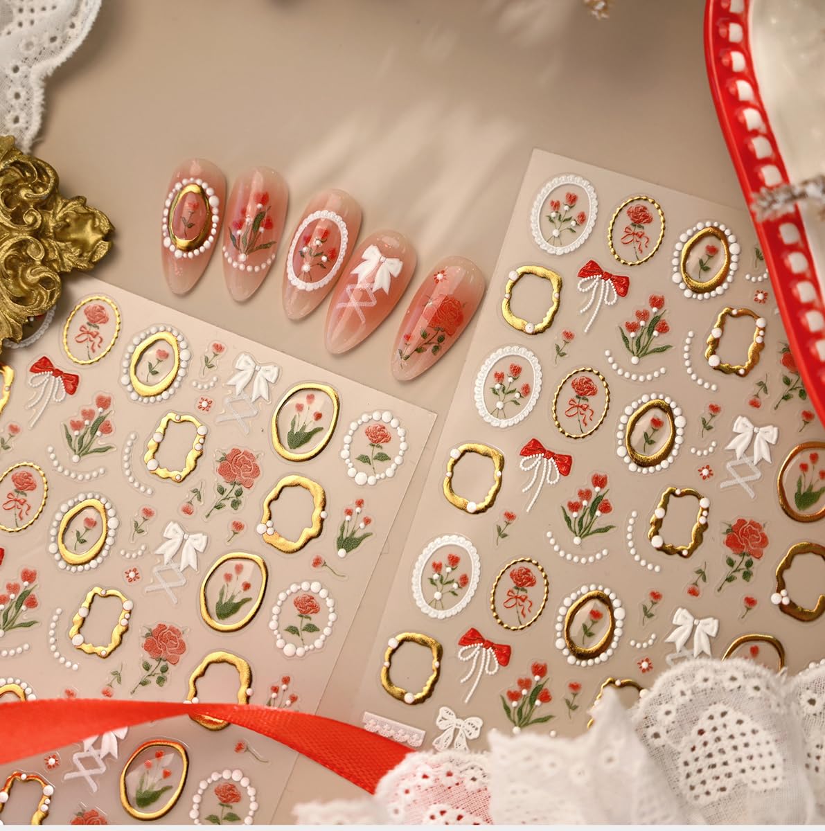 Flower Nail Stickers Tulip Floral Nail Decals with Gold-Trimmed Frames Design,Self-Adhesive Spring Stickers for Natural Acrylic Nails,Easy Apply DIY Manicure Decor for Women Girls 1 Sheet