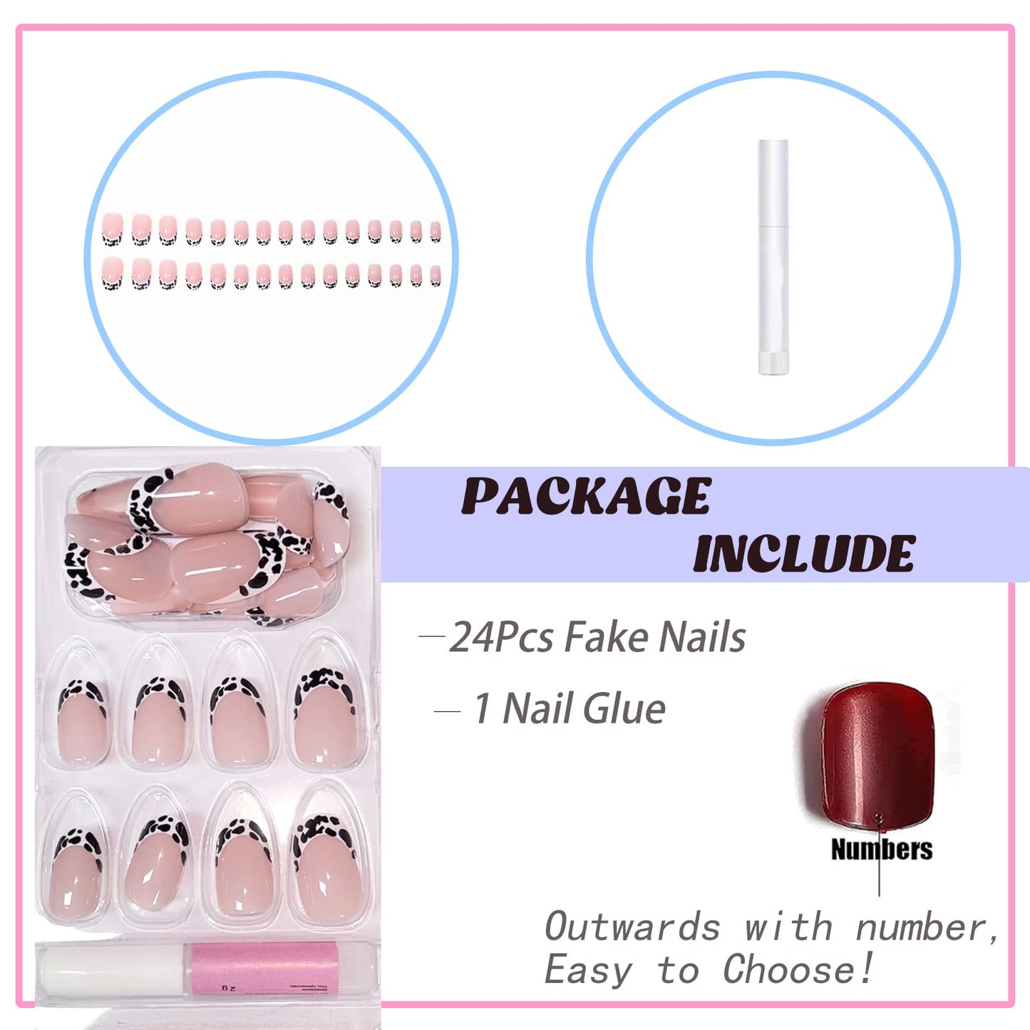 BABALAL Round Press on Nails Short Fake Nails Cow Print French Tip Glue on Nails 24Pcs Oval Acrylic Nails for Women and Girls