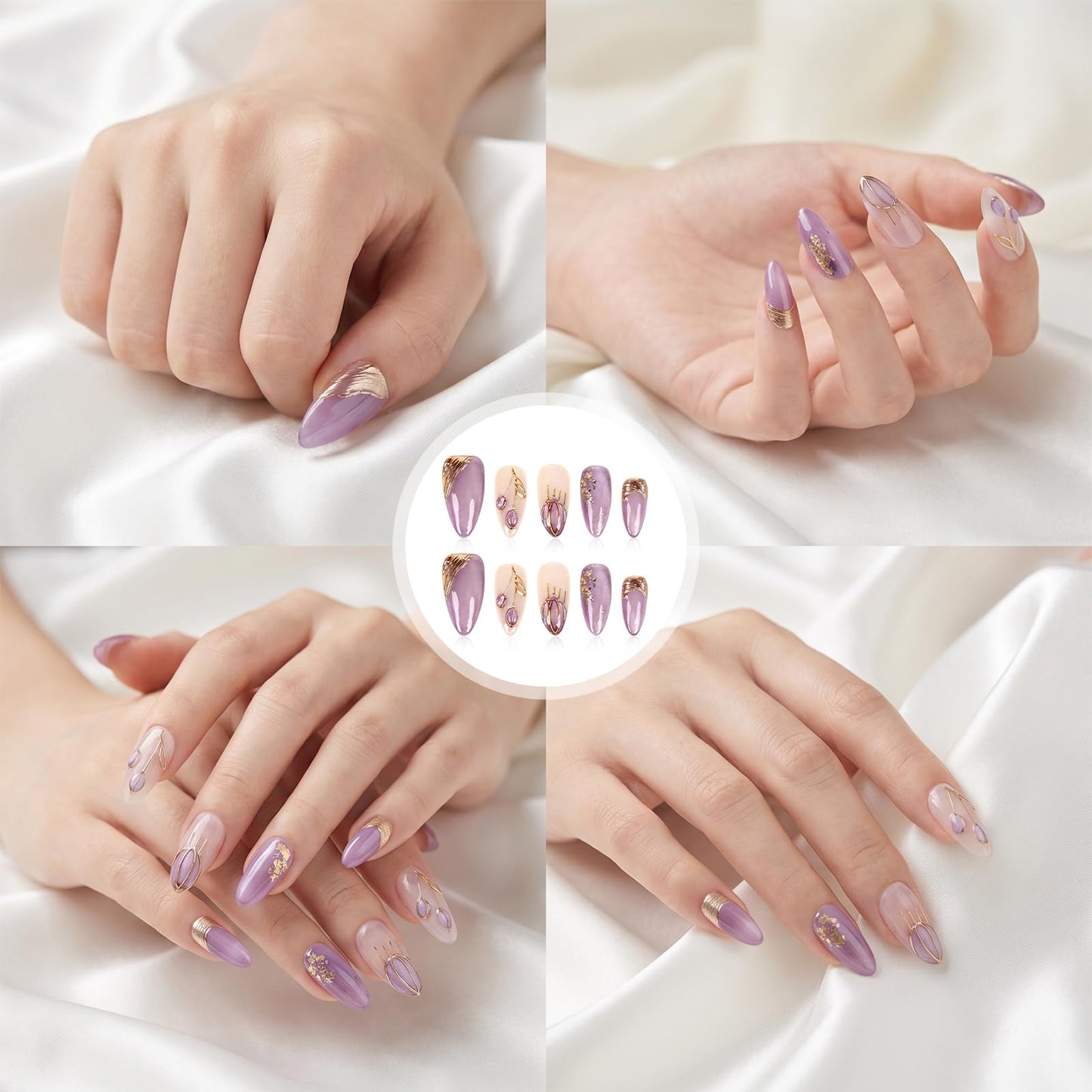 LTXHZYYL Handmade Pres on Nais Amond Purple Nails Press ons 3D Design Reusable ABS Full Cover False Nails Kit-Luxury Medium French Tip Glossy Acryic Fake Nails for Women