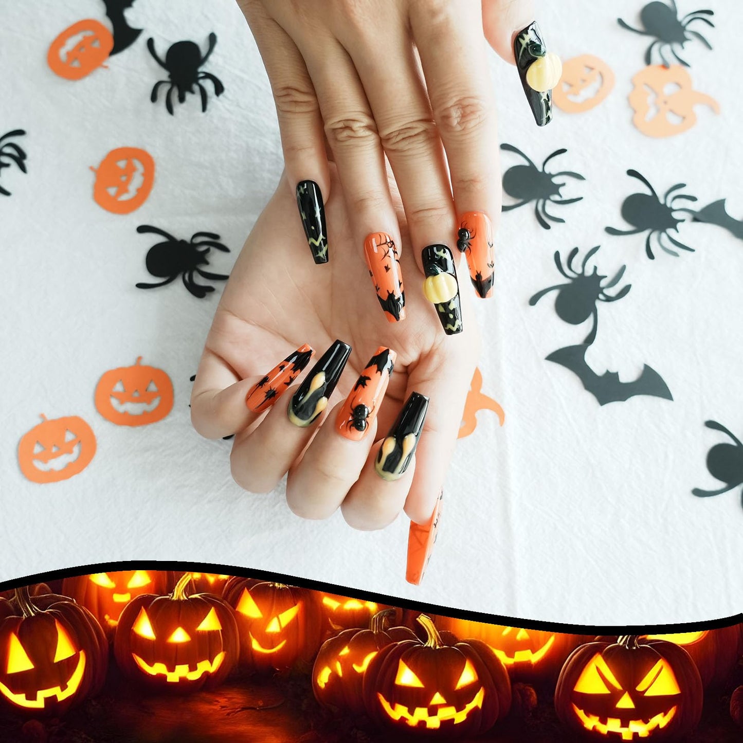 Tesytto Halloween Press on Nails Ballerina Shape Long Coffin - Black Base with Ant Web Bat Dripping Effect 3D Nail Art for Women & Girls (Pumpkin Bat Silhouette,S)