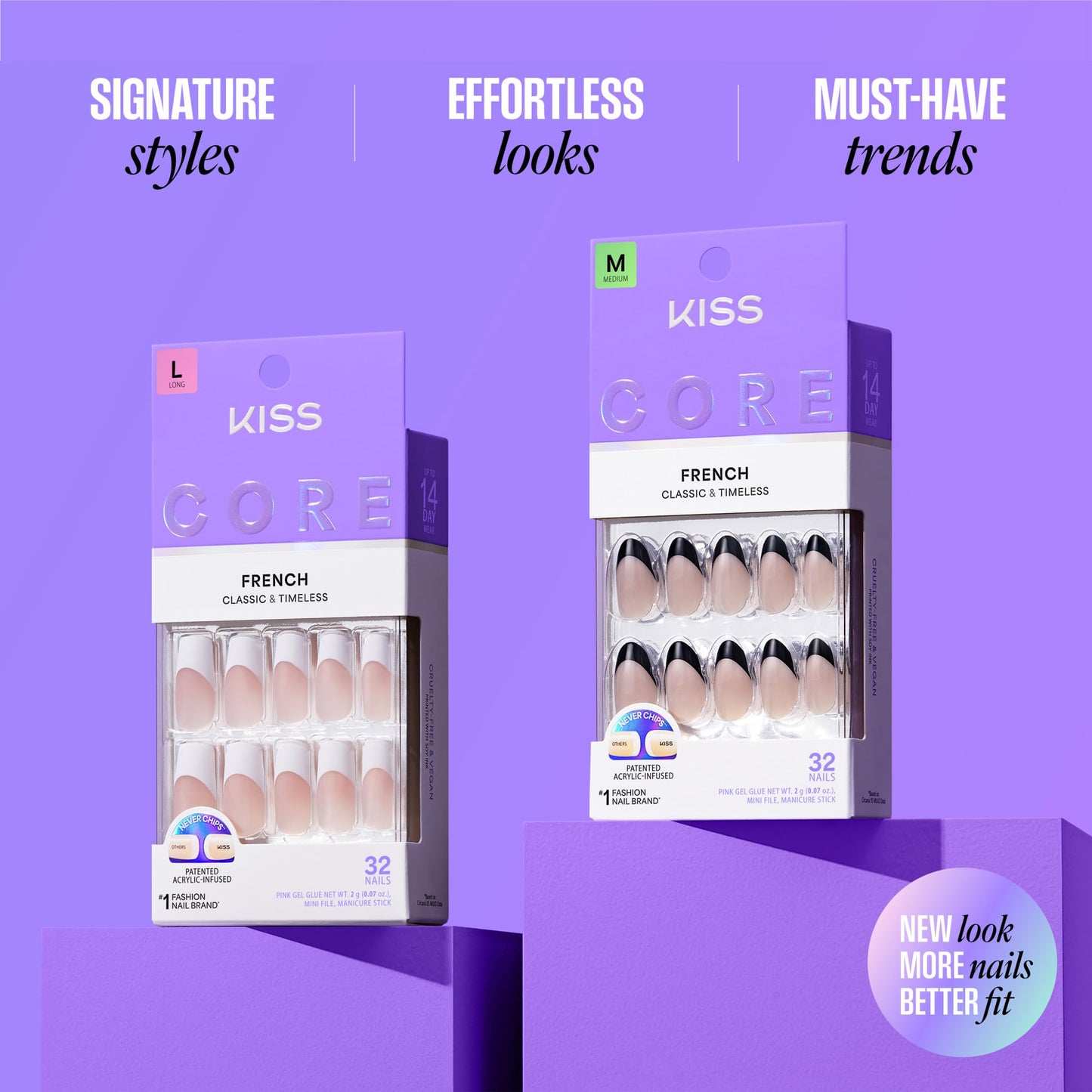 Kiss Core, Press On Nails, Nail glue included, 'Scenario', Pink, Medium Size, Squoval Shape, Includes 32 Nails, 2g Glue, 1 Manicure Stick, 1 Mini File