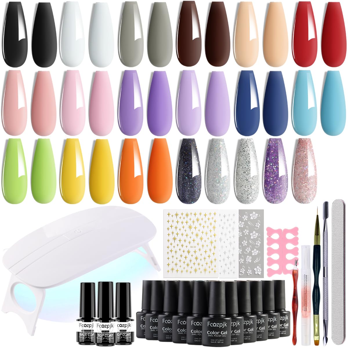Fcozpjk Gel Nail Polish Set With UV Light, 20 Pcs Nude Pink Blue Black White Gel Nail Polish Kit With Base Gels Top Coat and Nails Art Stickers Soak Off Sparkle Glitter Polishes Home Manicure