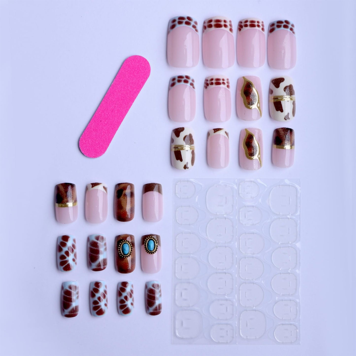 octoswave Short Square Press on Nails Western Cow Print Tortoise Shell False Nails with Turquoise Rhinestones Stick on Artificial Acrylic Manicure for Women DIY Manicure and Party 24Pcs