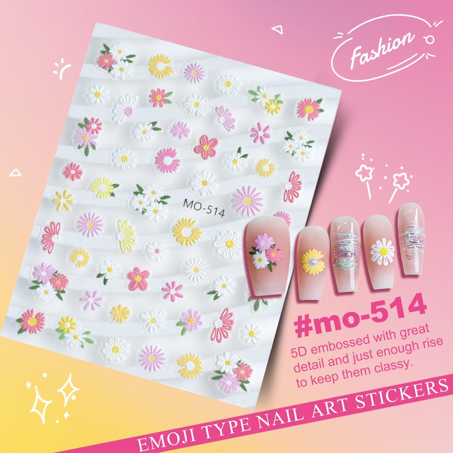Flower Nail Art Stickers 5D Embossed Nail Decals for Nails Art Design Self-Adhesive Spring Summer Daisy Floral Leaf Plant Nail Accessories for Women Manicure DIY Art Decoration 6 Sheets YX1226