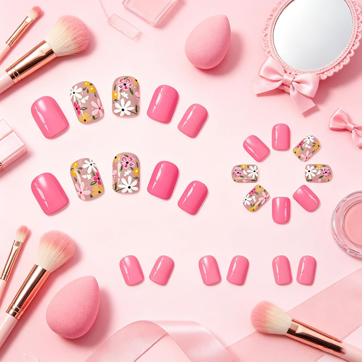 Flower Press on Nails with Summer Design Short Square False Nails Glossy Hot Pink Fake Nail Floral Full Cover Stick on Nail for Women Daily Party Wear Green Leaf Glue on Artificial Fingernails
