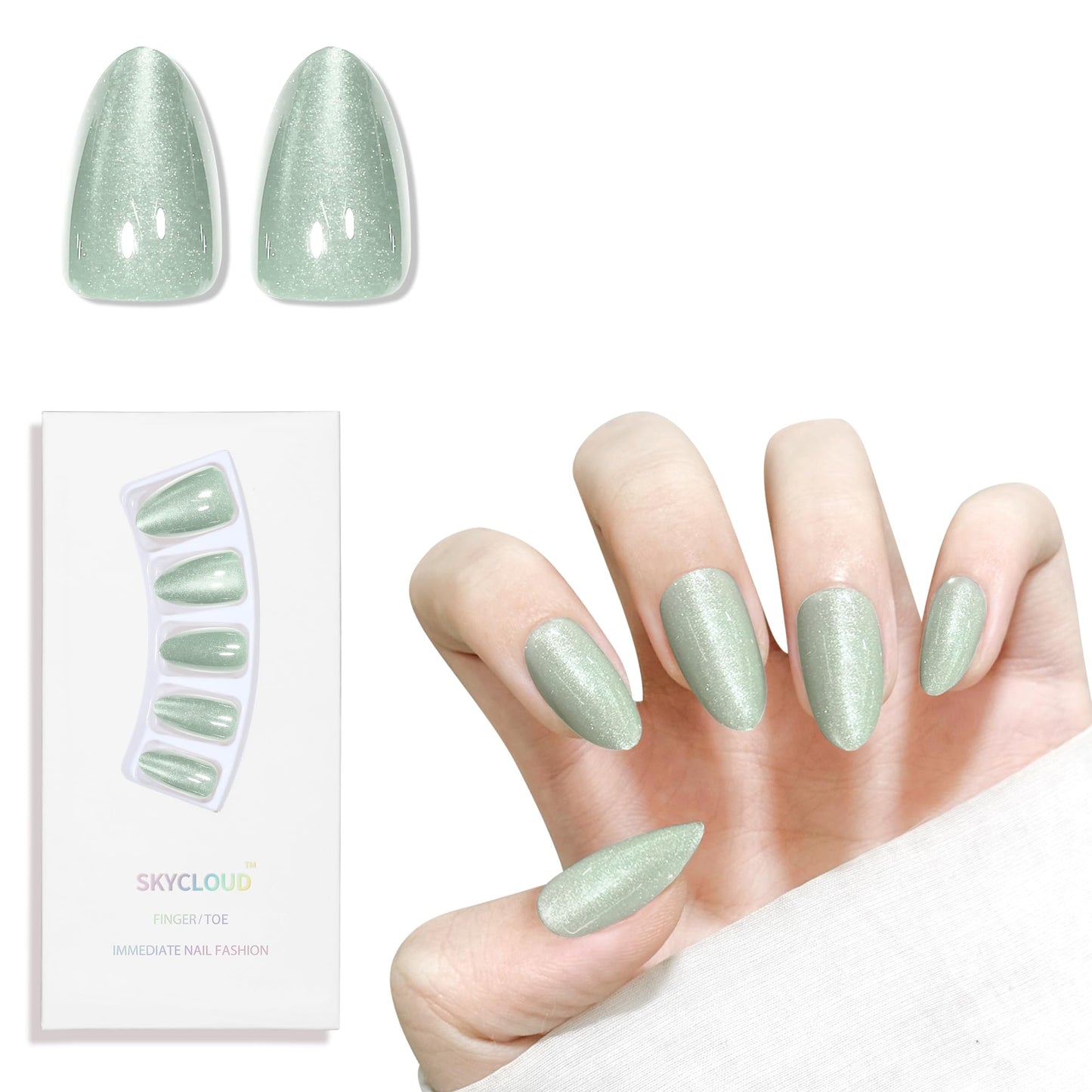 Green Almond Cat Eyes Press On Nails,12 Sizes - 24 Pcs Soft Gel Green Medium Fake Nails Kit with Nail Glue, Natural Reusable Stick On False Nails for Women and Girls SK1026